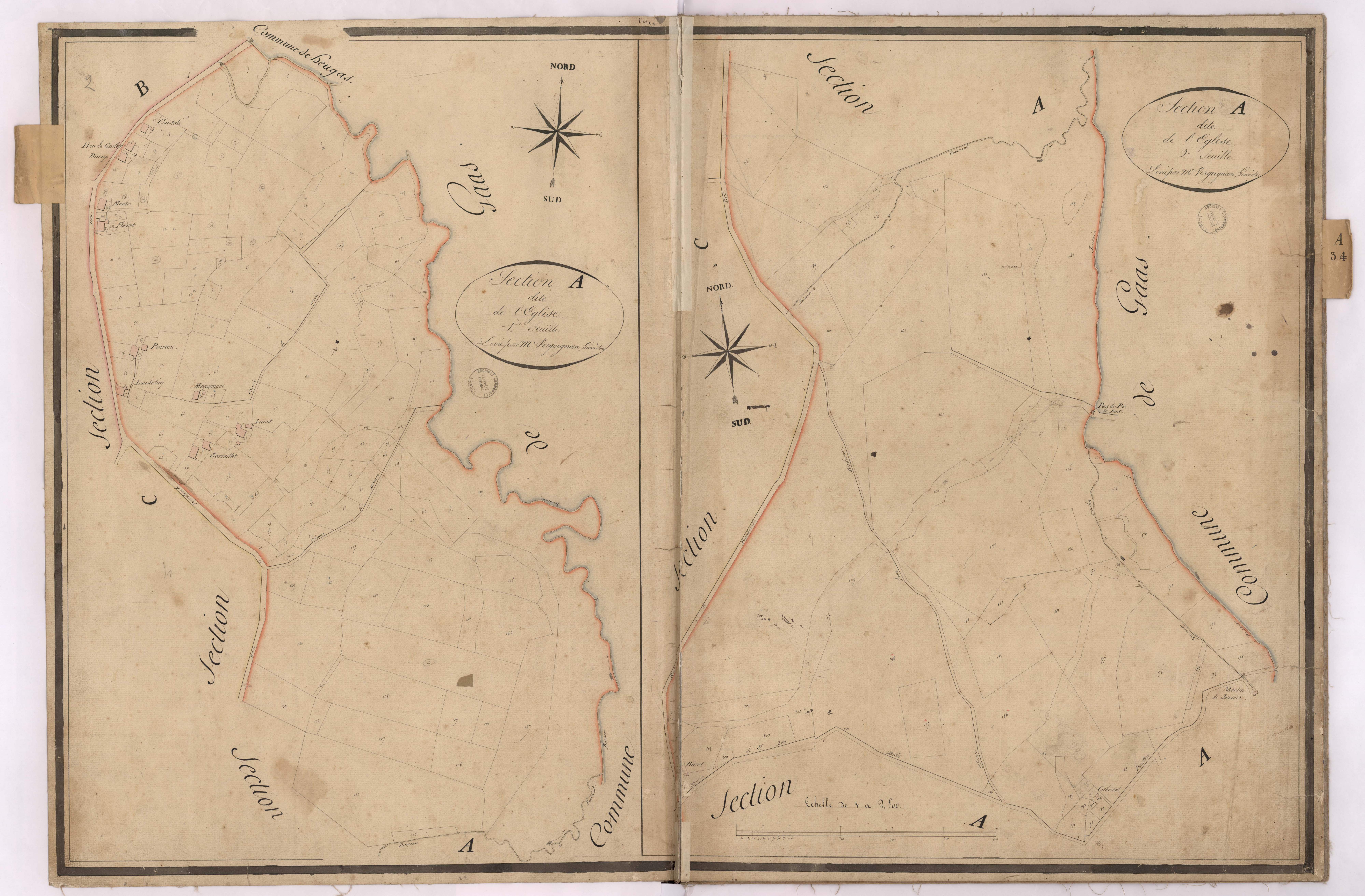 Cagnotte - Section A, dite de l'Eglise, 1re et 2e feuilles, par Vergoignan géomètre