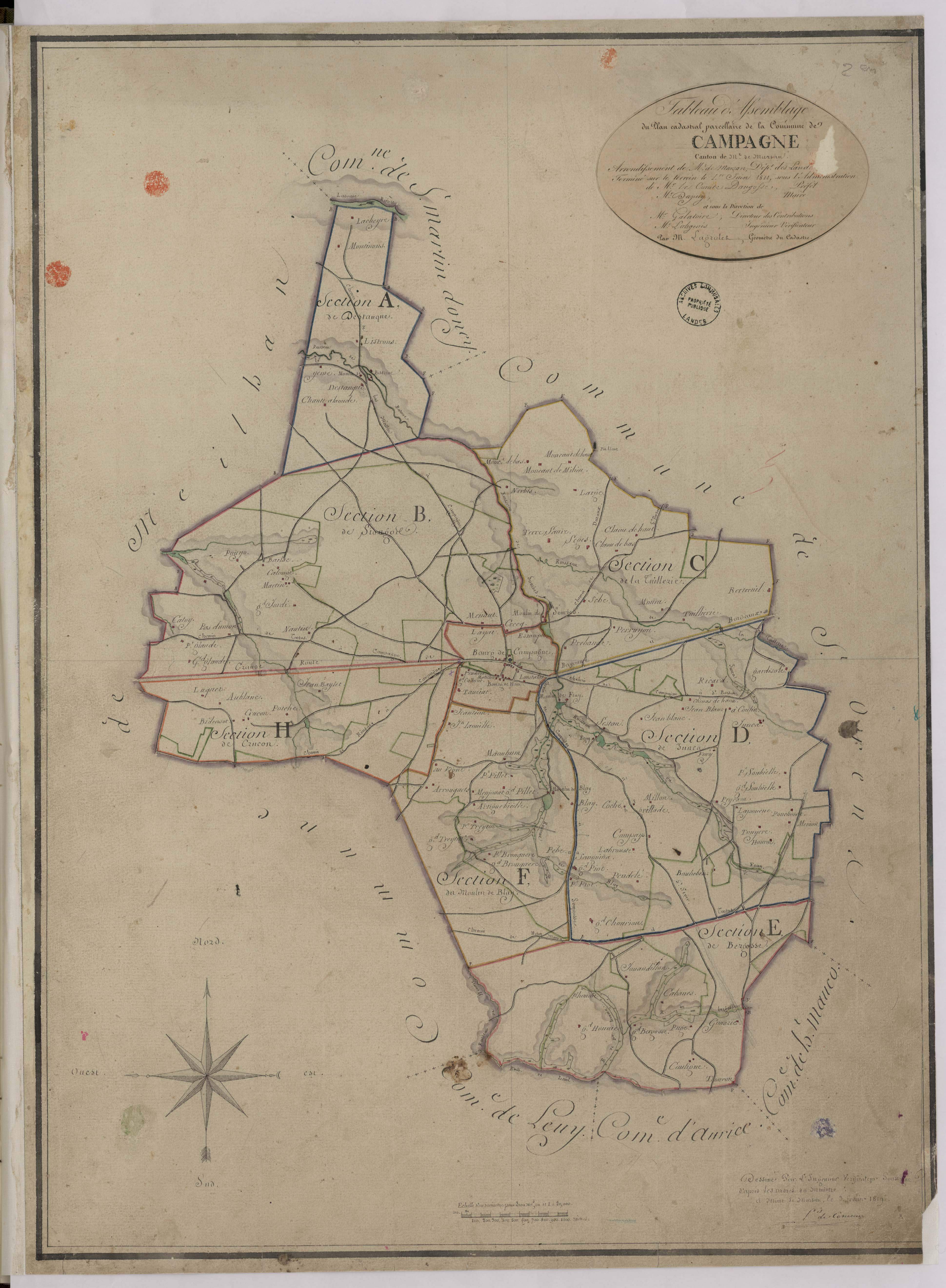 Campagne - Tableau d'assemblage de la commune de Campagne, par Lobgeois, Lagrolet, et de Comeau, géomètres