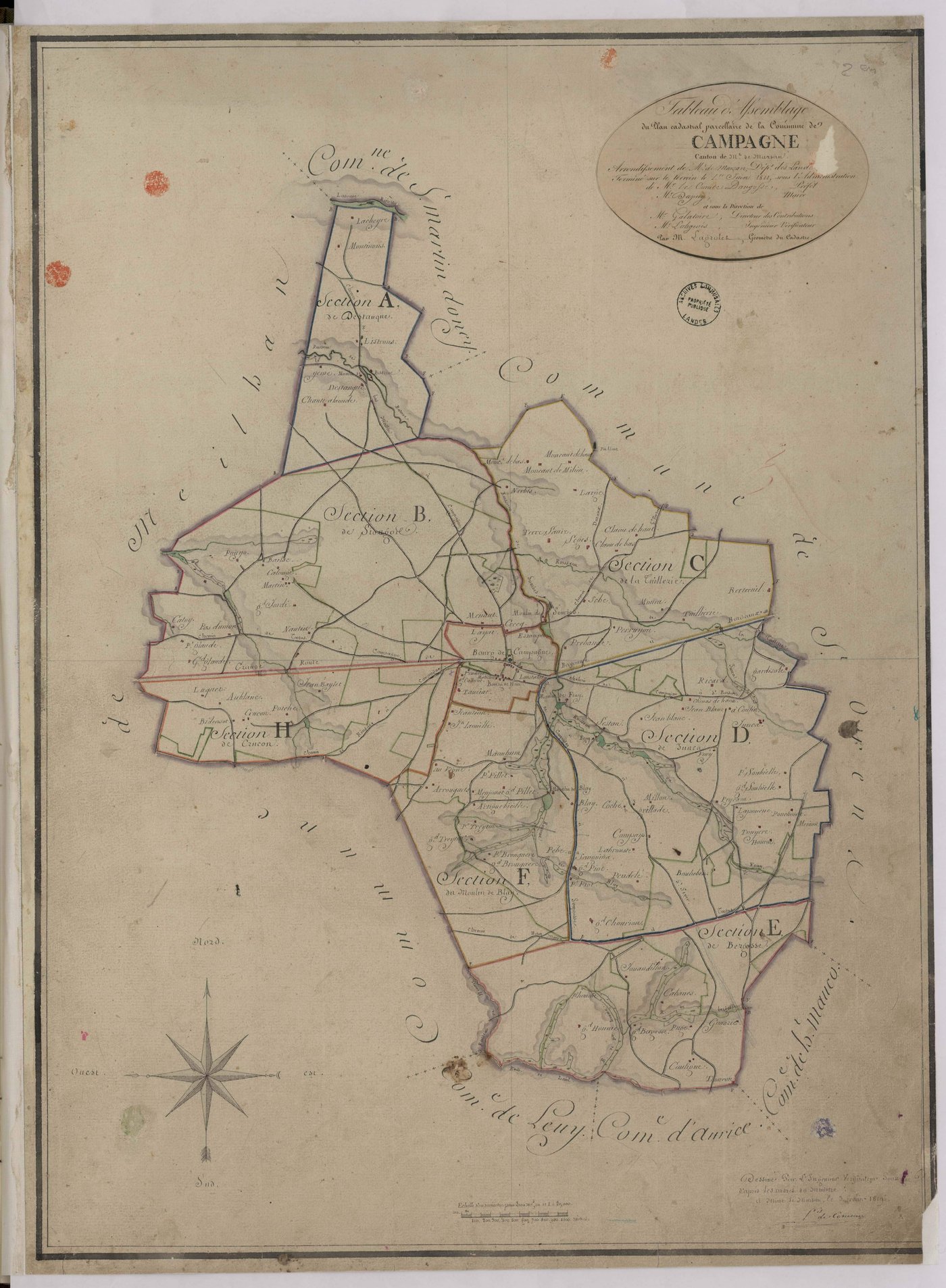 Campagne - Tableau d'assemblage de la commune de Campagne, par Lobgeois, Lagrolet, et de Comeau, géomètres