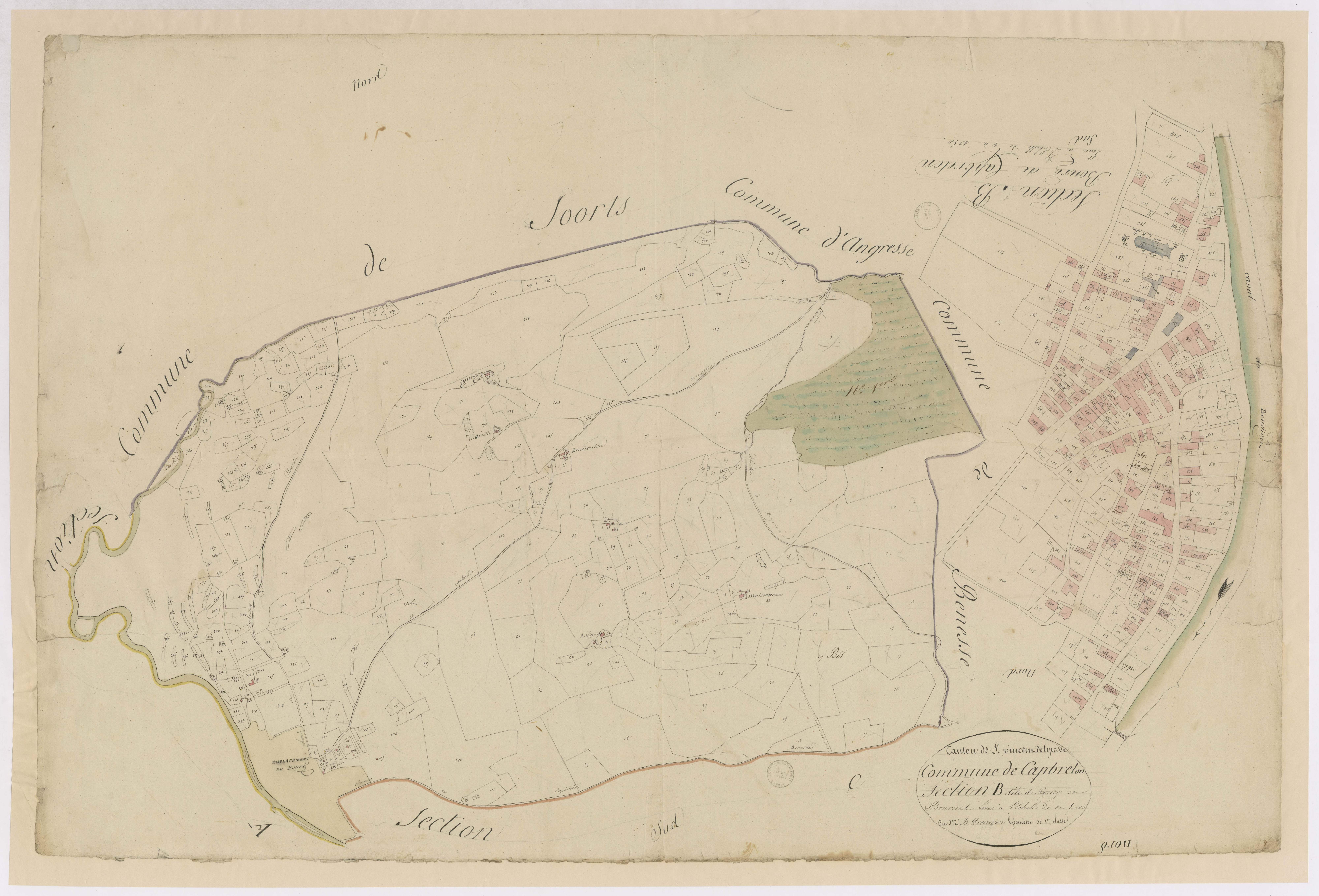 Capbreton - Section B, dite de Bourg et de Bournes, et extrait à 1/1250e par B. Prèneron géomètre