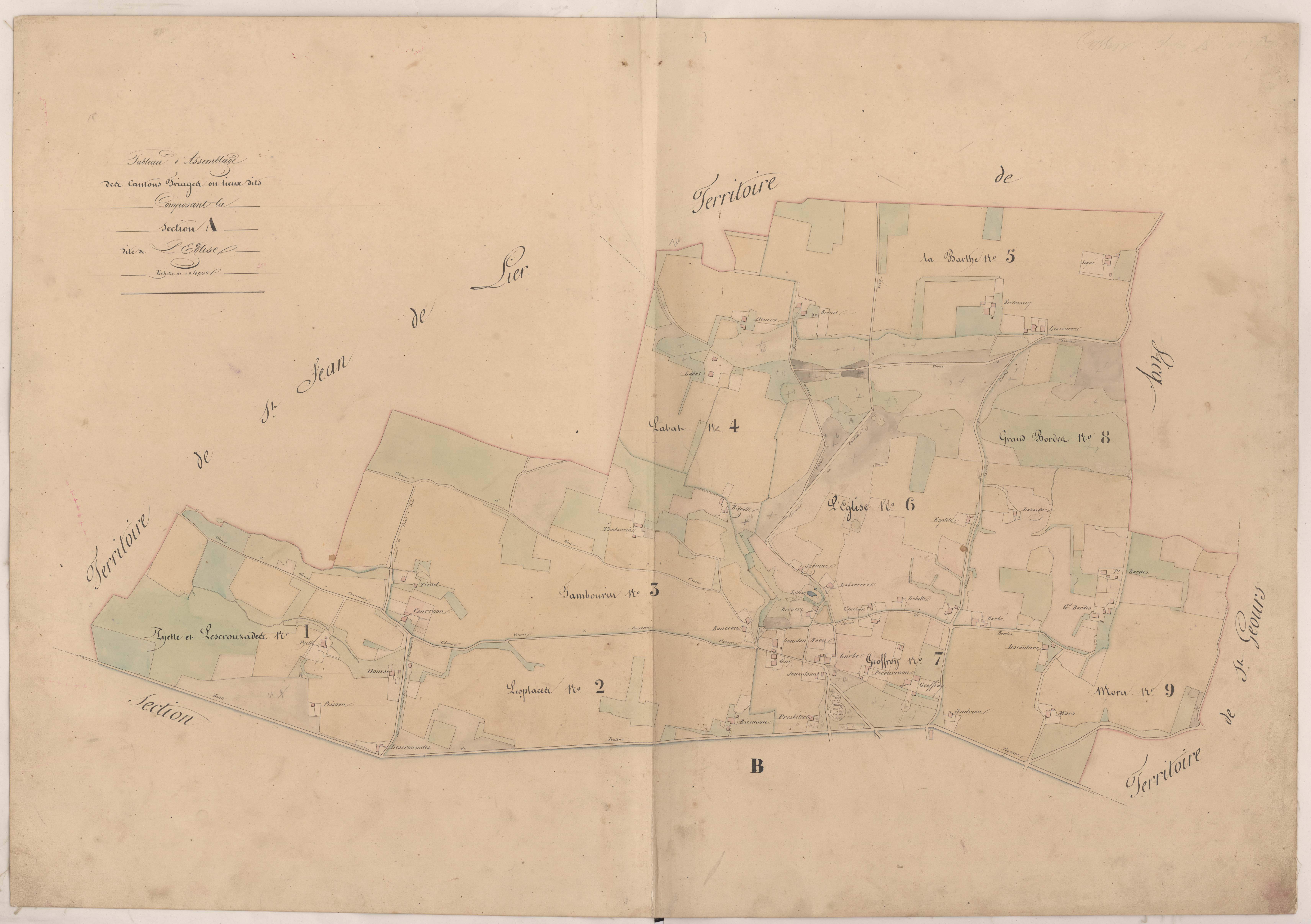 Cassen - Tableau d'assemblage des cantons triages ou lieux-dits composant la section A, dite de l'Eglise
