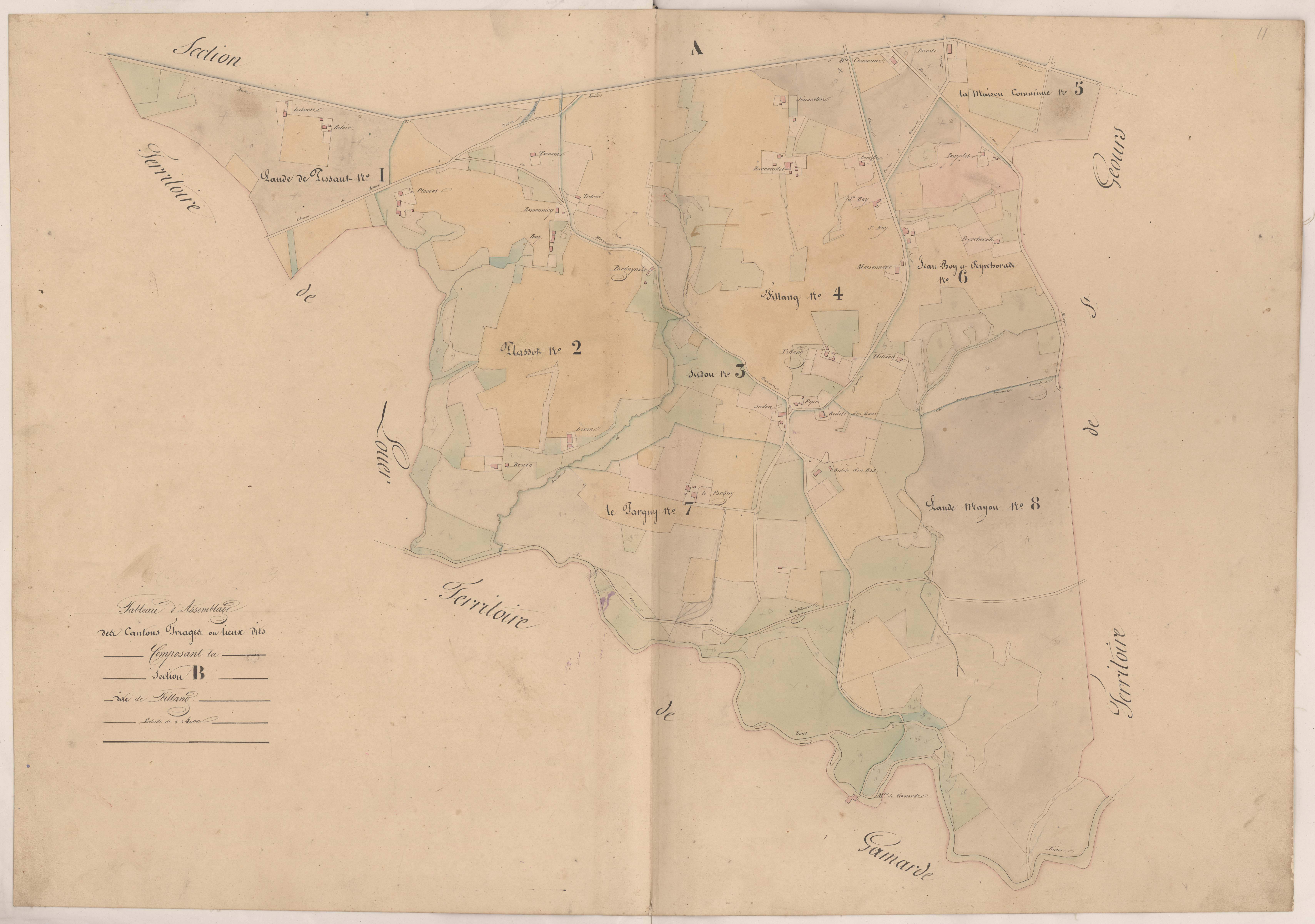 Cassen - Tableau d'assemblage des cantons triages ou lieux-dits composant la section B, dite de Fillang
