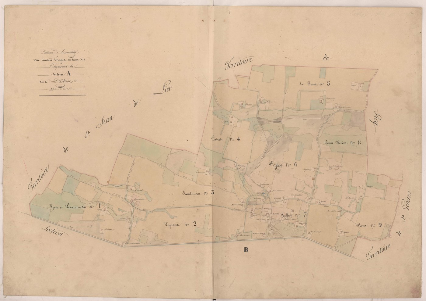 Cassen - Tableau d'assemblage des cantons triages ou lieux-dits composant la section A, dite de l'Eglise