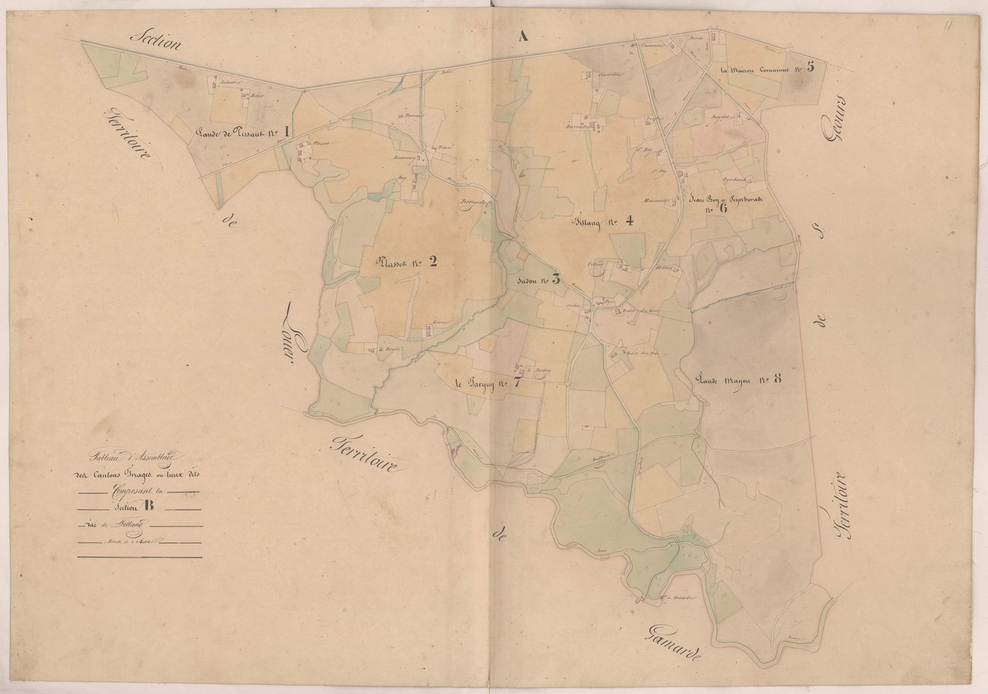 Cassen - Tableau d'assemblage des cantons triages ou lieux-dits composant la section B, dite de Fillang