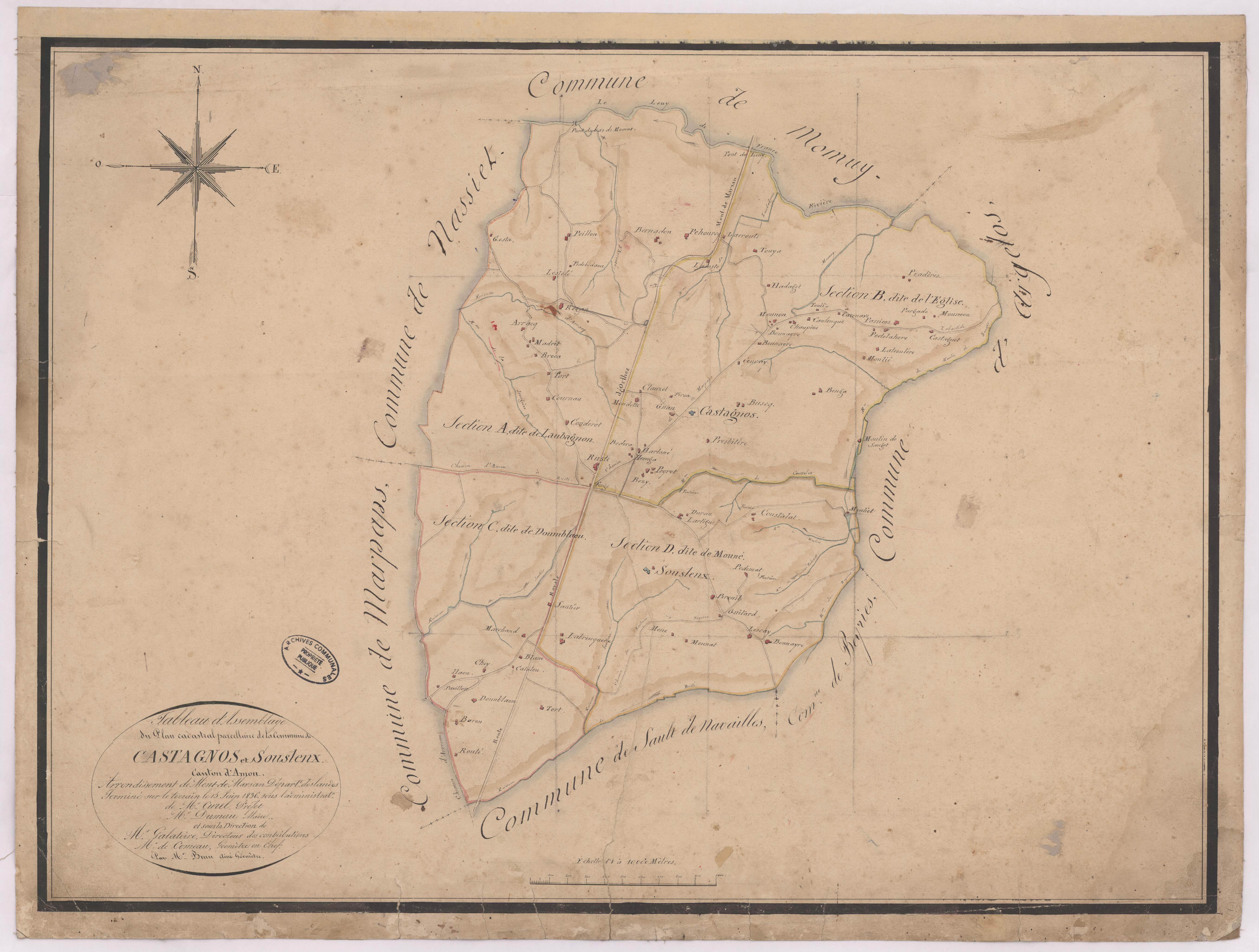 Castaignos-Souslens - Tableau d'assemblage de la commune de Castaignos et Soulenx par de Comeau et Brun aîné géomètre
