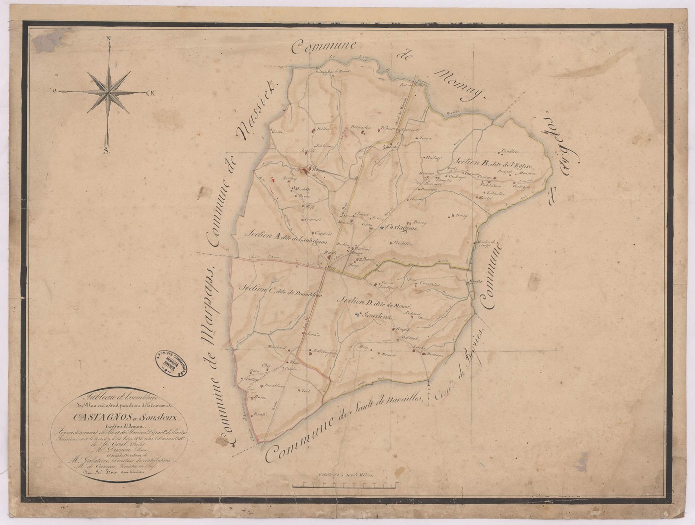 Castaignos-Souslens - Tableau d'assemblage de la commune de Castaignos et Soulenx par de Comeau et Brun aîné géomètre