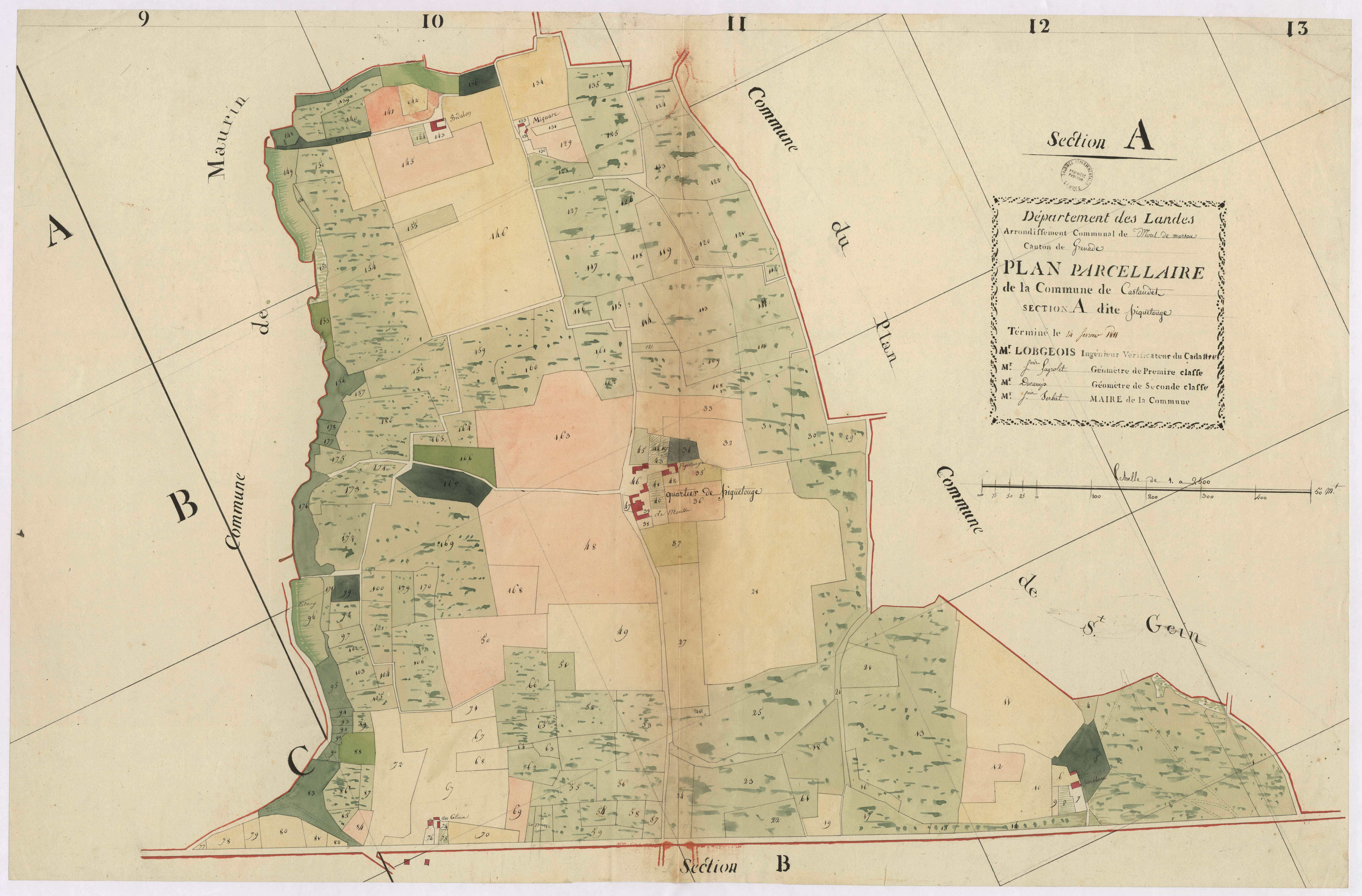 Castandet - Plan parcellaire de la section A, dite de Piquetouje, par Lobgeois, Lagrolet et Ducamp, géomètres