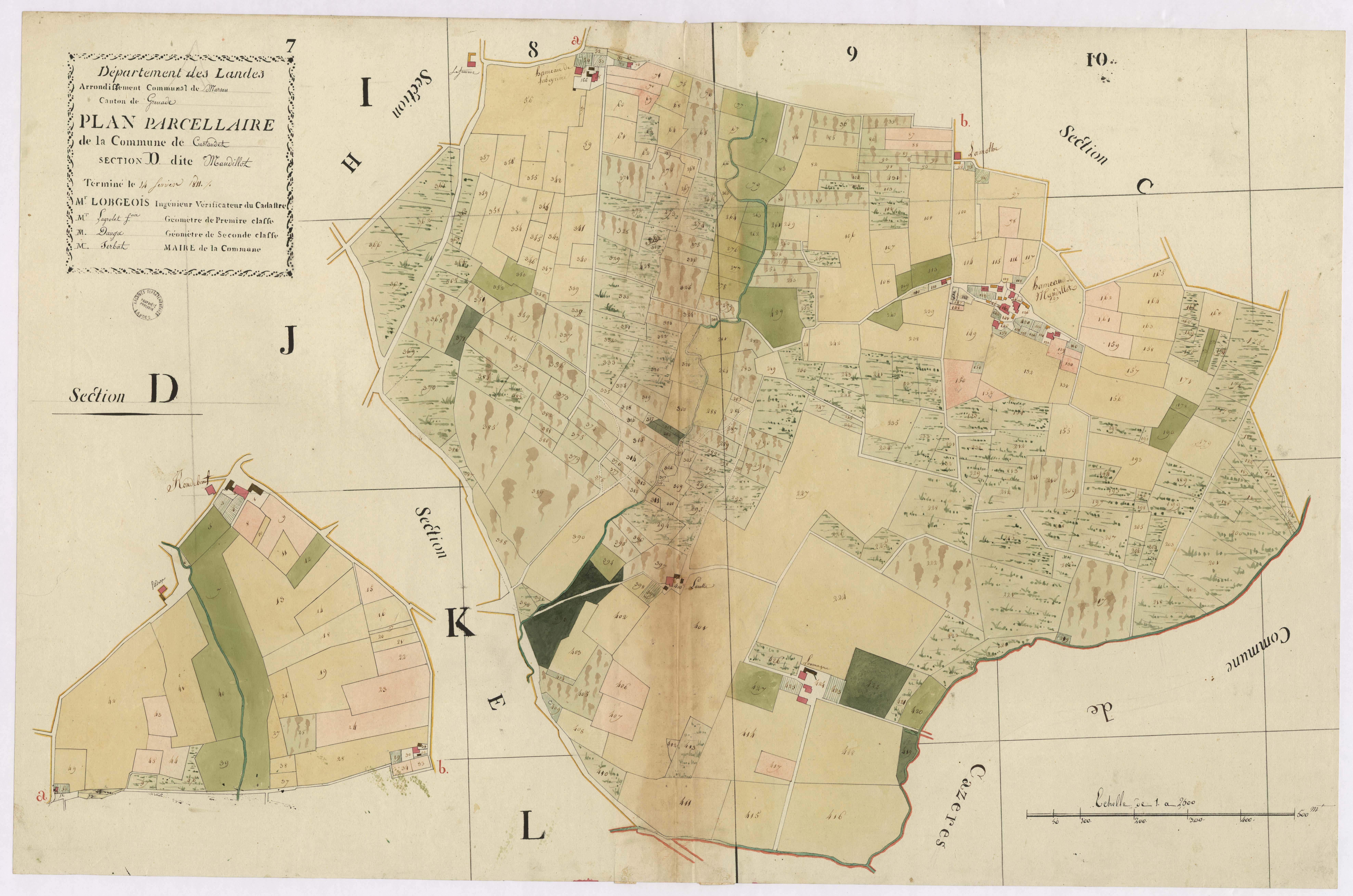 Castandet - Plan parcellaire de la section D, dite de Mandillot, par Lobgeois, Lagrolet et Dauga, géomètres