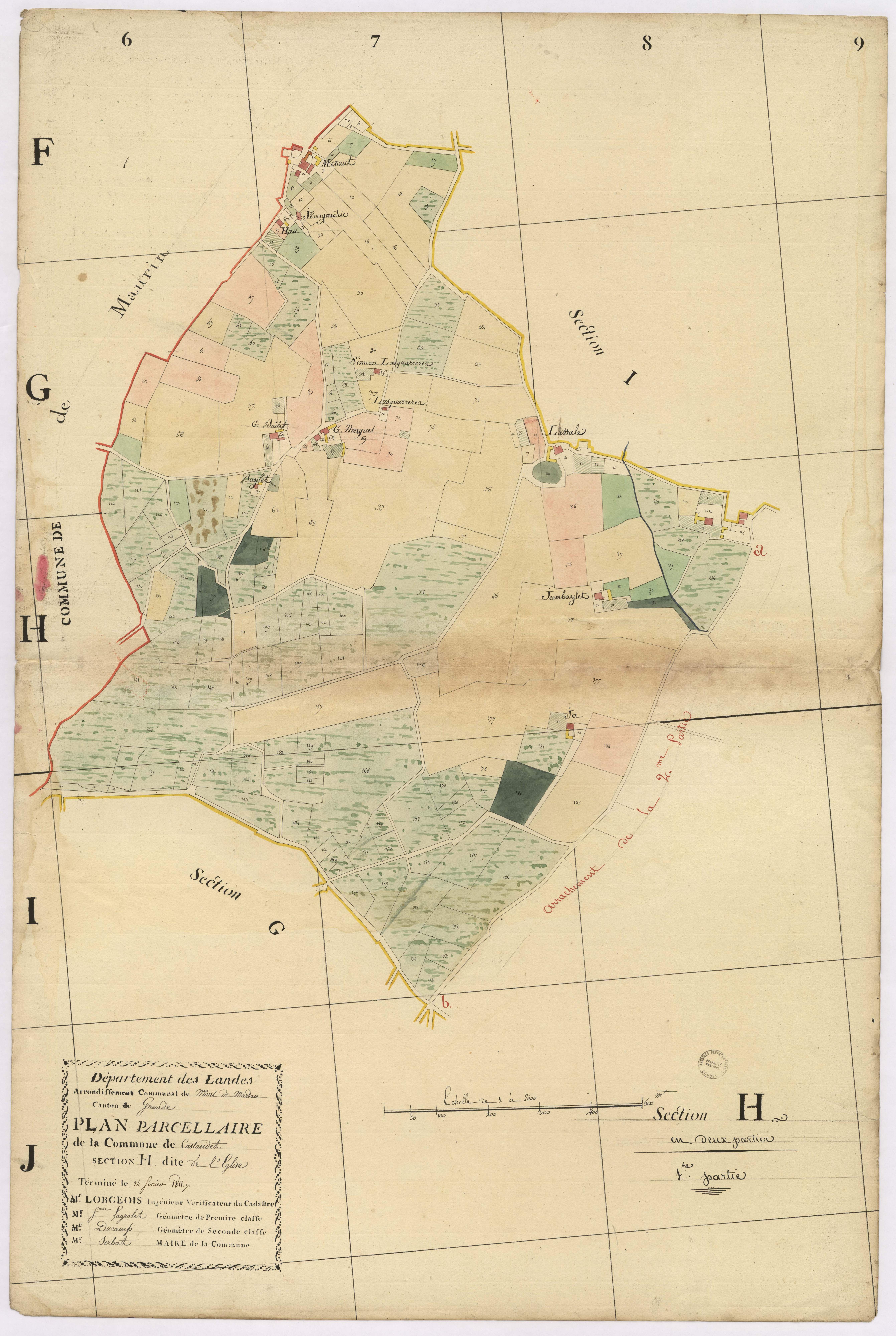 Castandet - Plan parcellaire de la section H, dite de l'Eglise, par Lobgeois, Lagrolet et Ducamp, géomètres