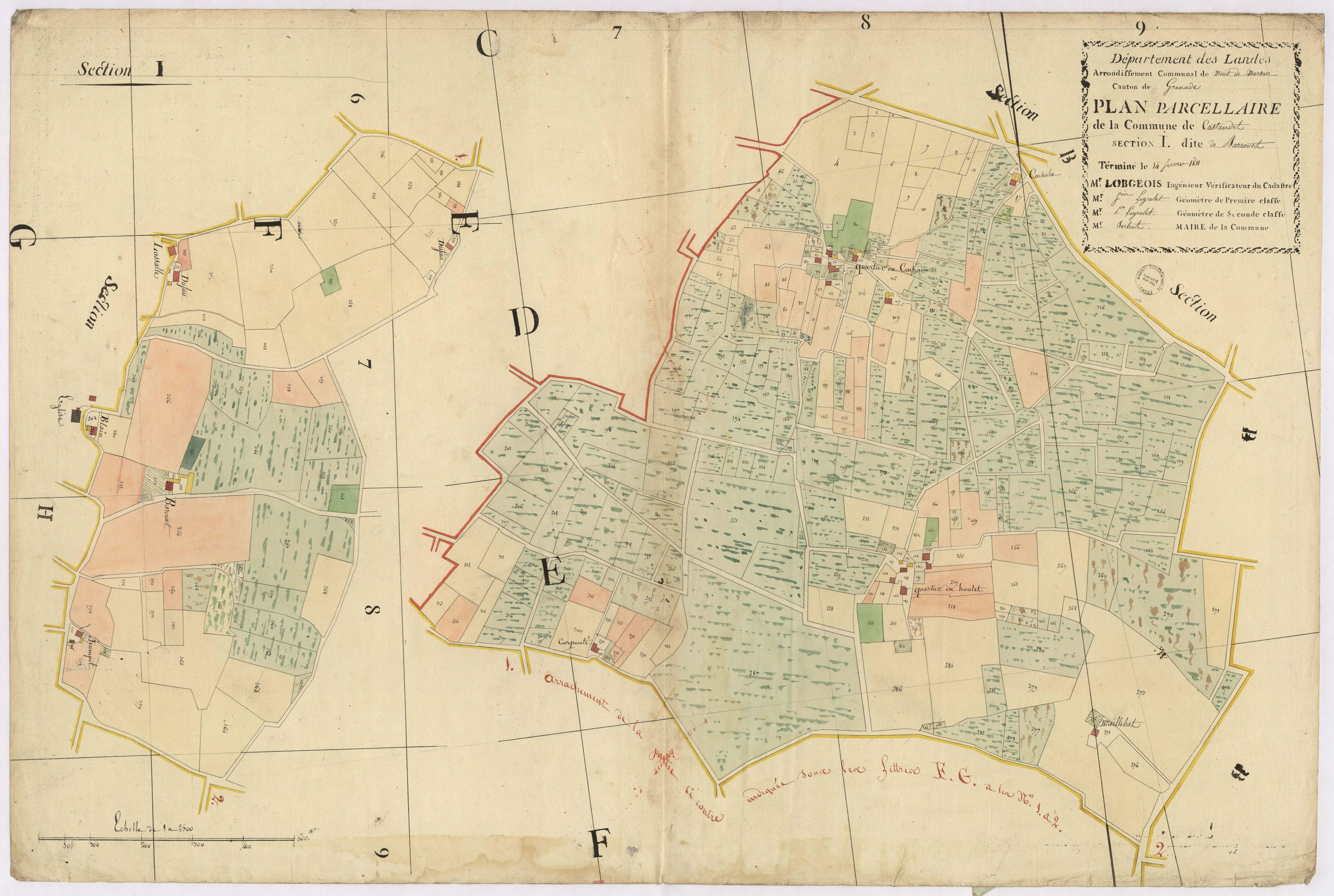 Castandet - Plan parcellaire de la section I, dite de Barrouet, par Lobgeois, Lagrolet, père et fils, géomètres