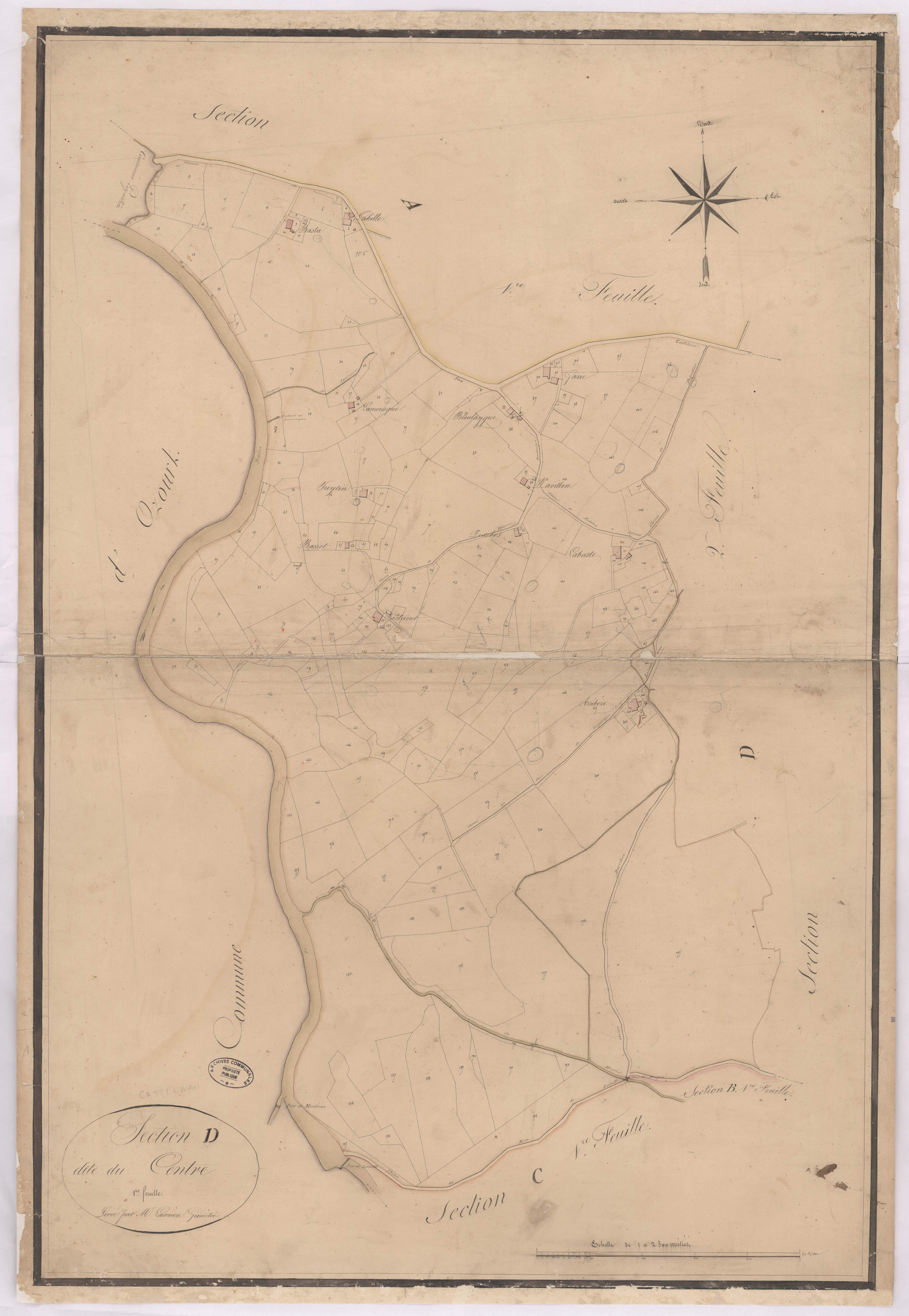 Castelnau-Chalosse - Section D, dite du Centre, 1re feuille, par Lacomère géomètre