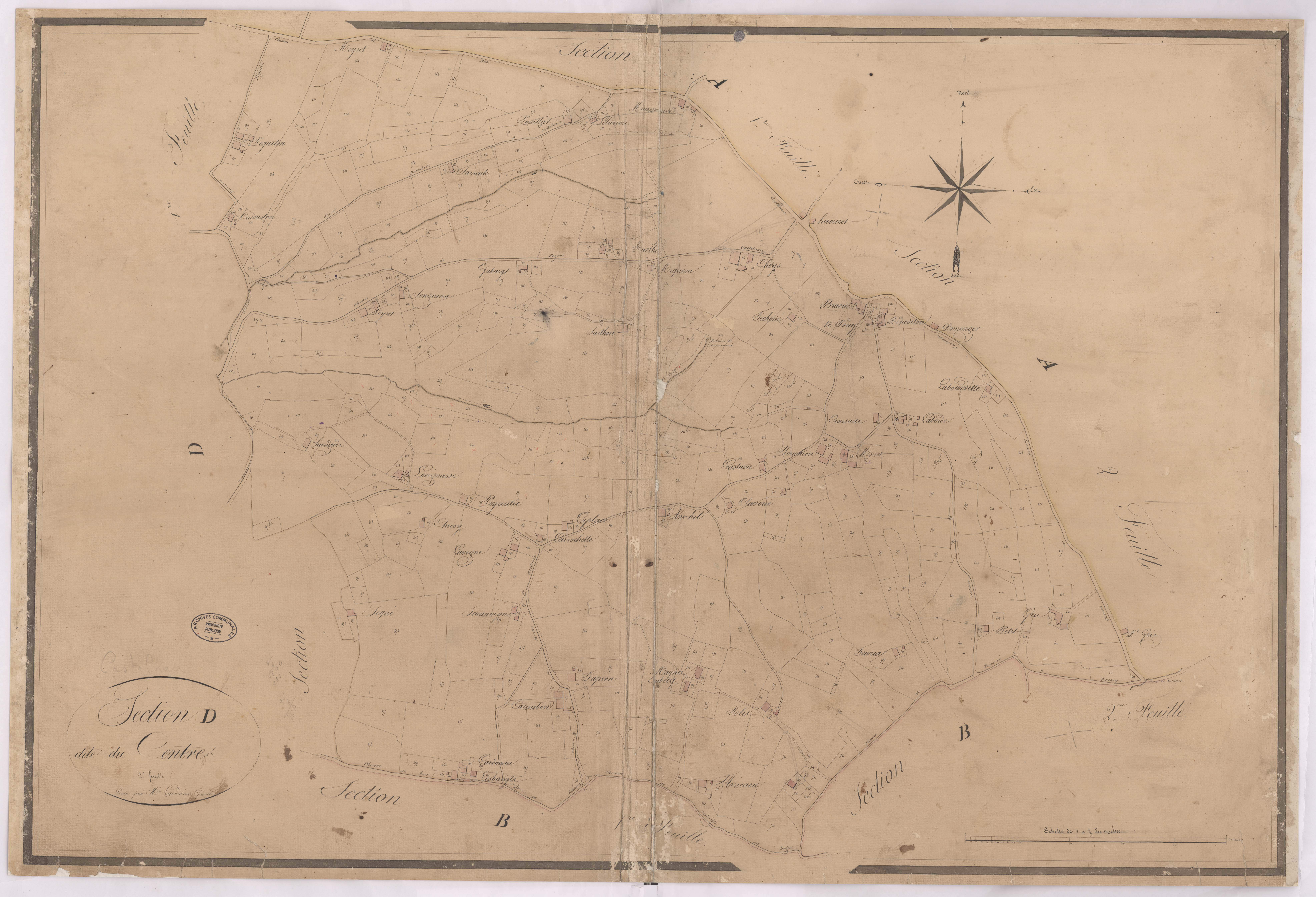 Castelnau-Chalosse - Section D, dite du Centre, 2e feuille, par Lacomère géomètre