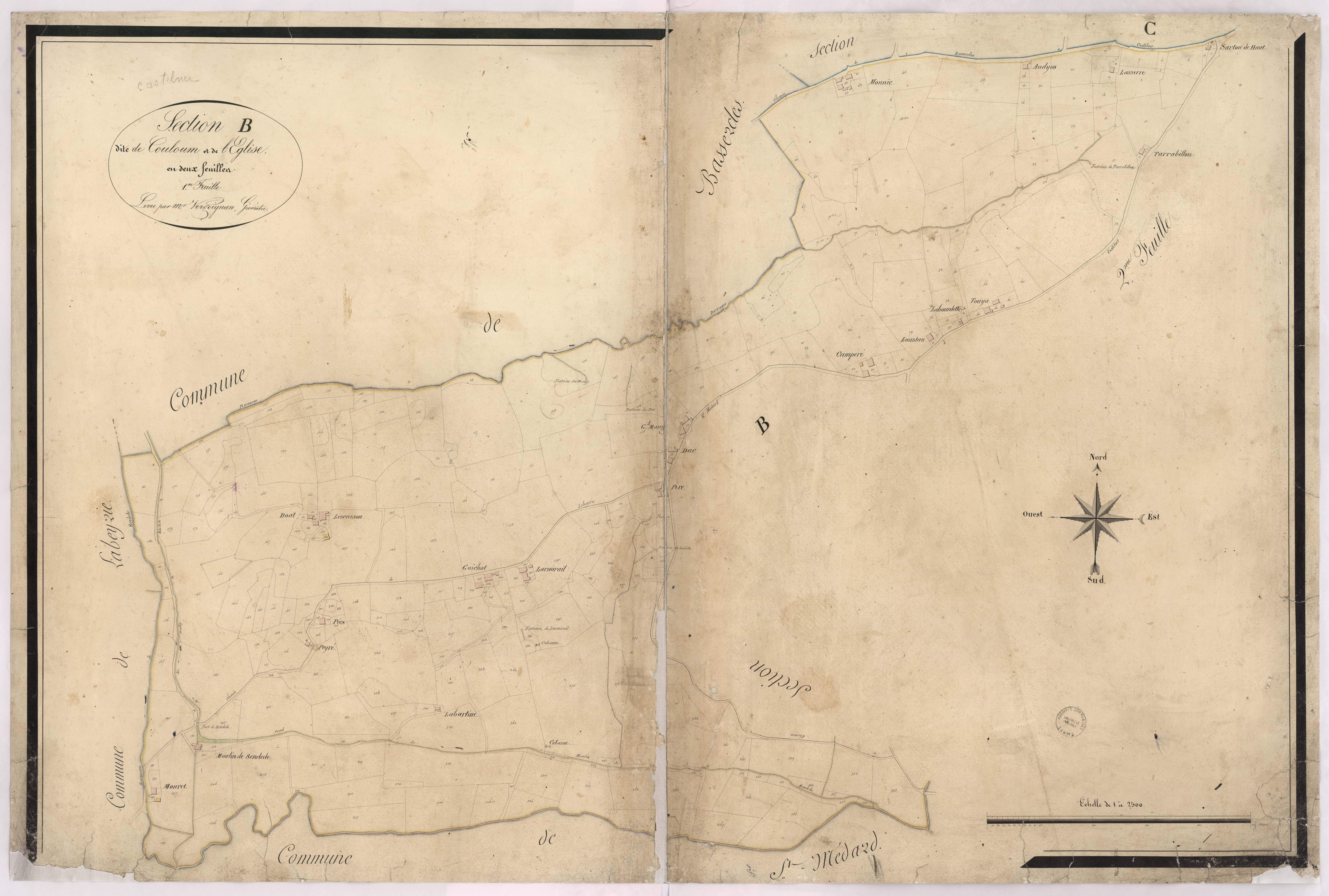 Castelner - Section B, dite de Couloum et de l'Eglise, 1re feuille, par Vergoignan géomètre