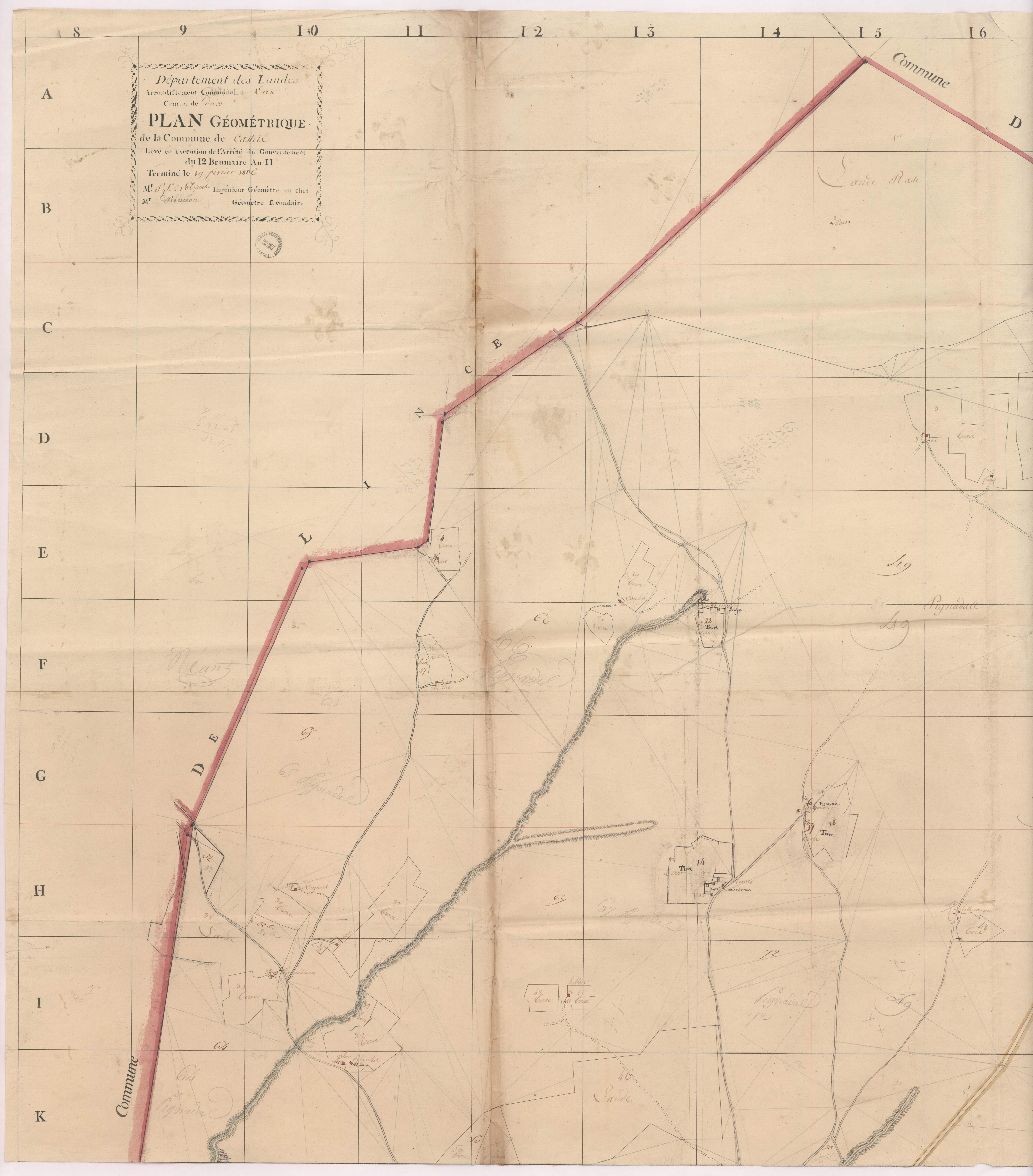 Castets - Plan géométrique quadrillé de la commune de Castets, par Lobgeois et Prèneron, géomètres