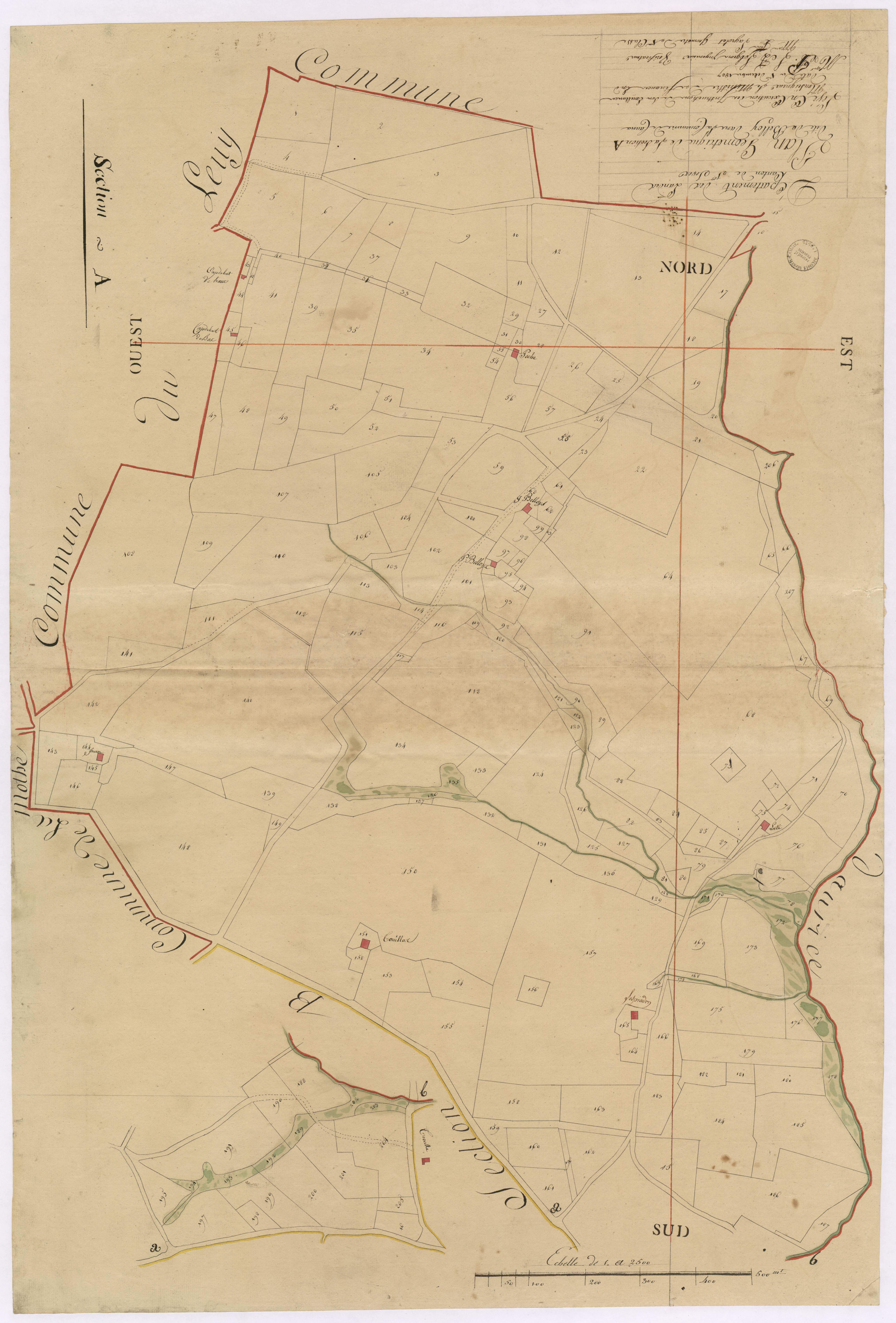 Cauna - Plan géométrique de la section A, dite de Belloy, par Lobgois et Lagrolet, géomètres