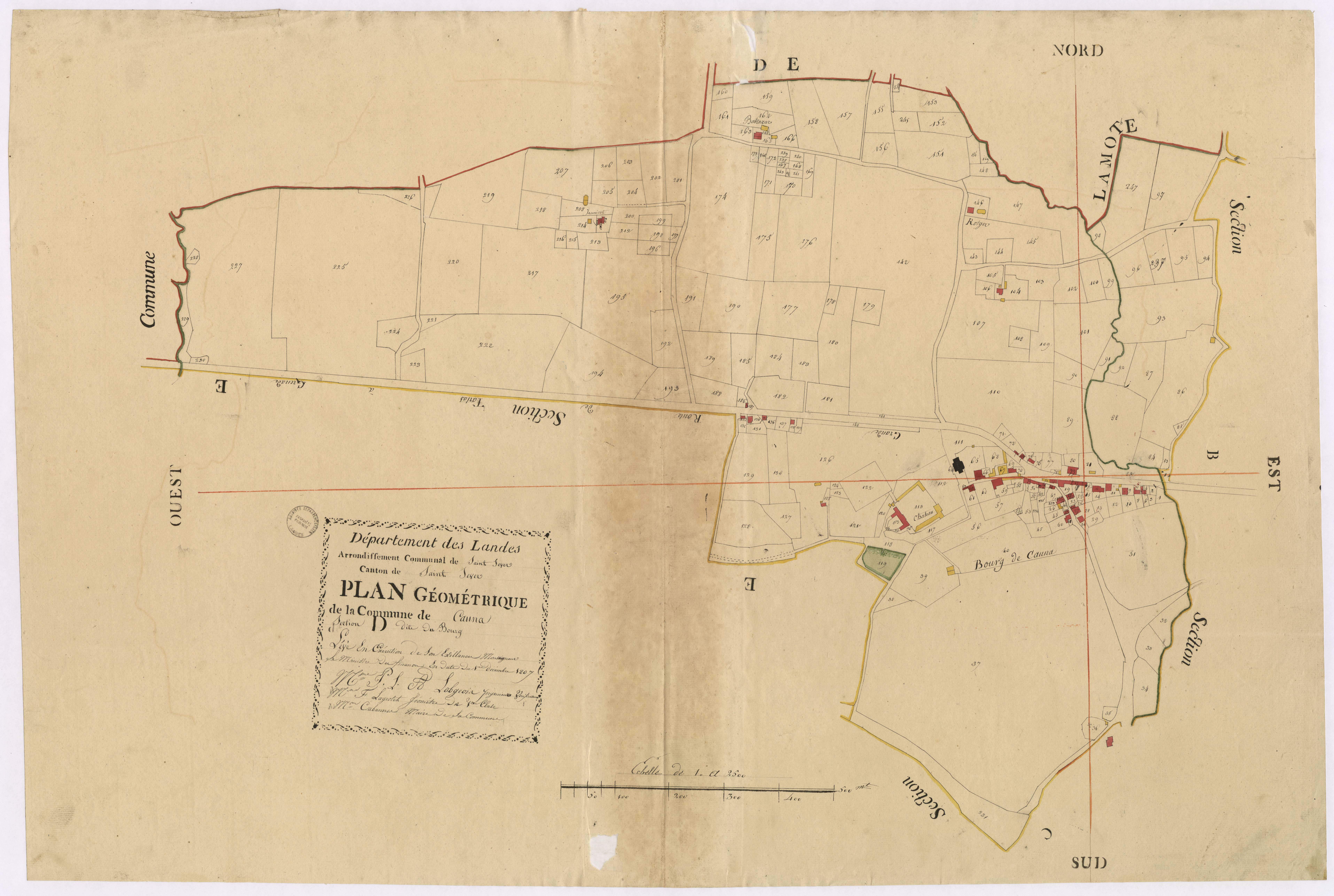 Cauna - Plan géométrique de la section D, dite du Bourg, par Lobgeois, Lagrolet et Cabannes, géomètres
