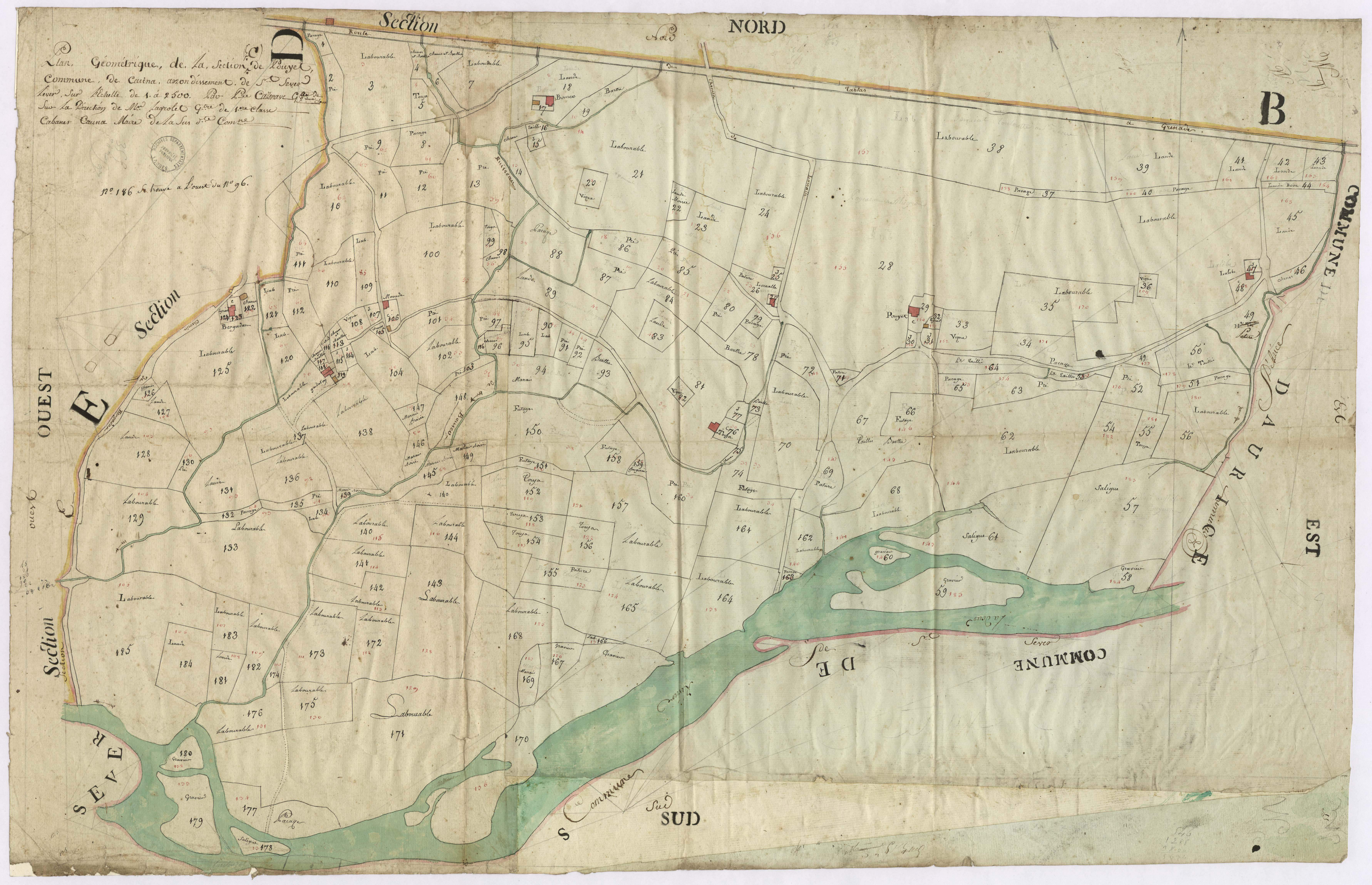 Cauna - Plan géométrique de la section C, dite de Pouyet, par Lagrolet et Cazenave, géomètres