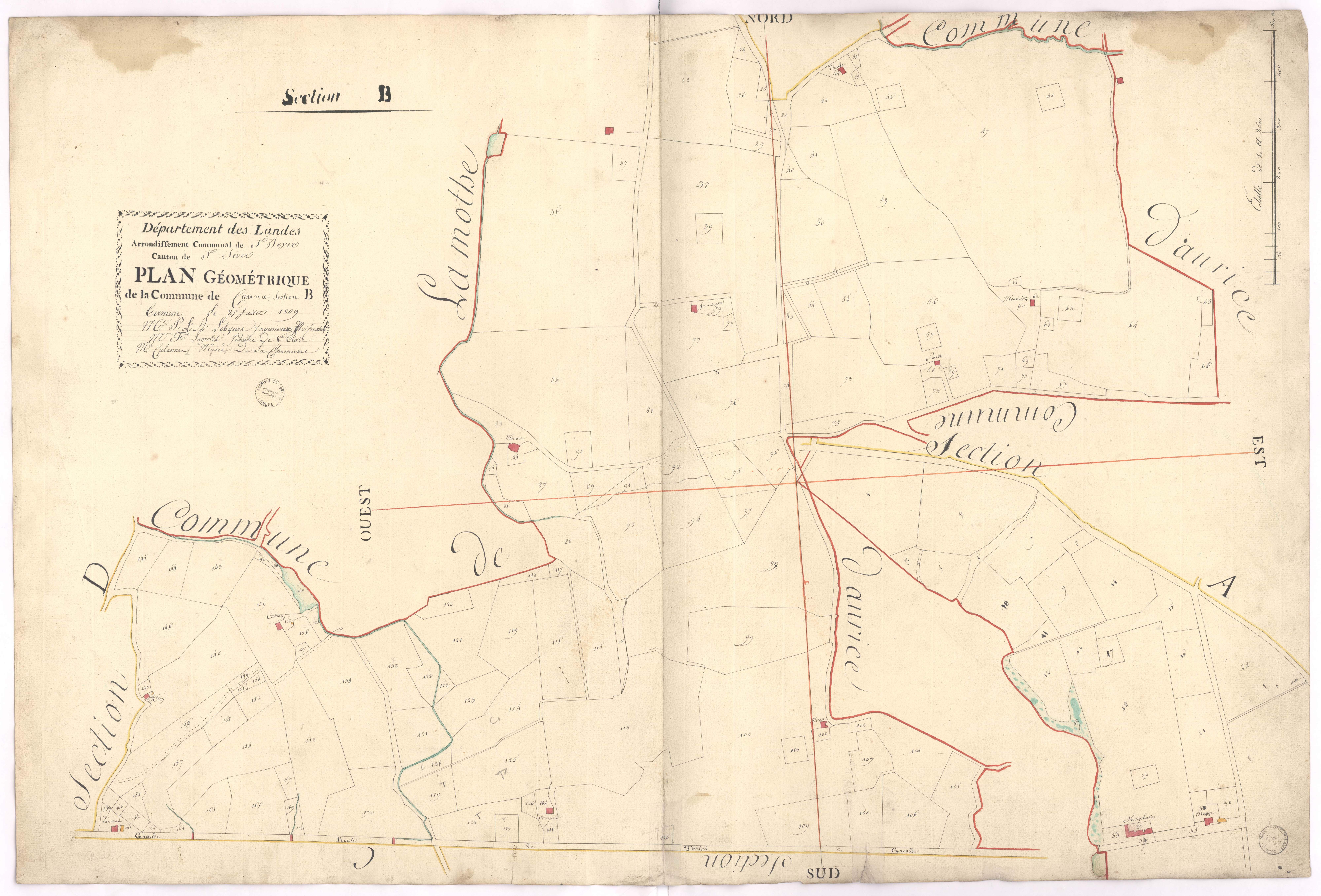Cauna - Plan géométrique de la section B, par Lobgeois et Lagrolet, géomètres