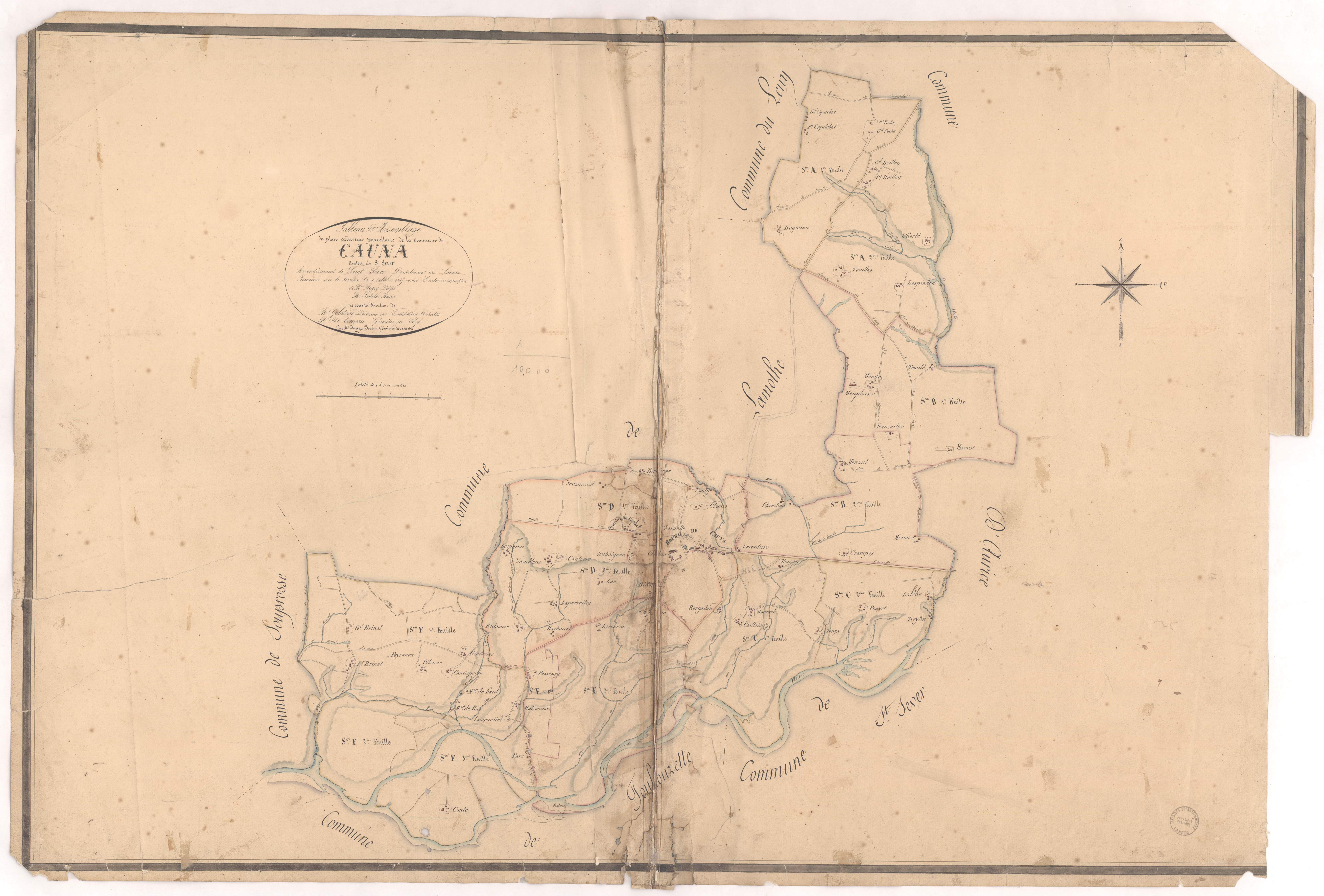 Cauna - Plan cadastral parcellaire de la commune de Cauna, par de Comeau et J. Dauga, géomètres