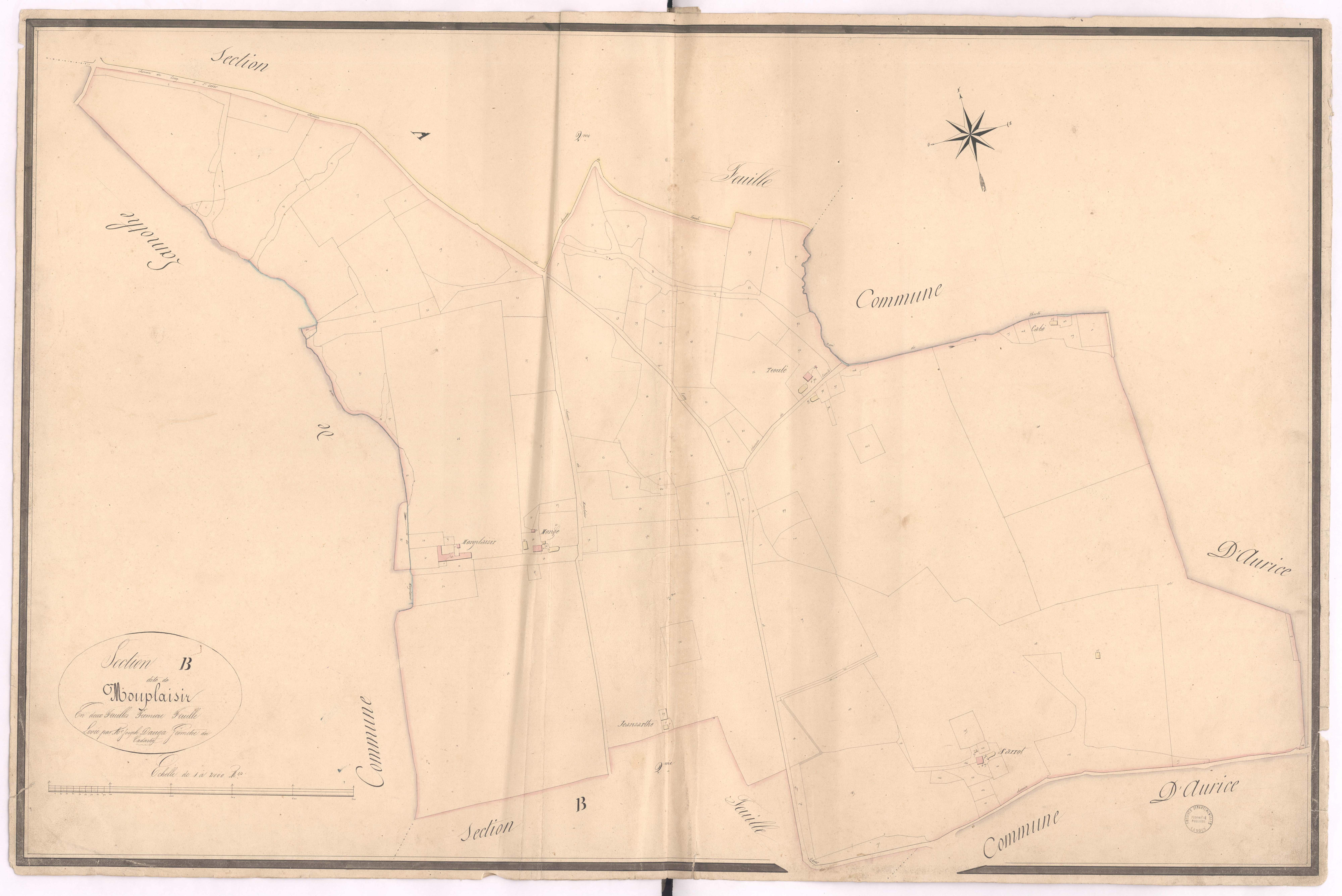 Cauna - Section B, dite de Monplaisir, 1re feuille, par Joseph Dauga géomètre