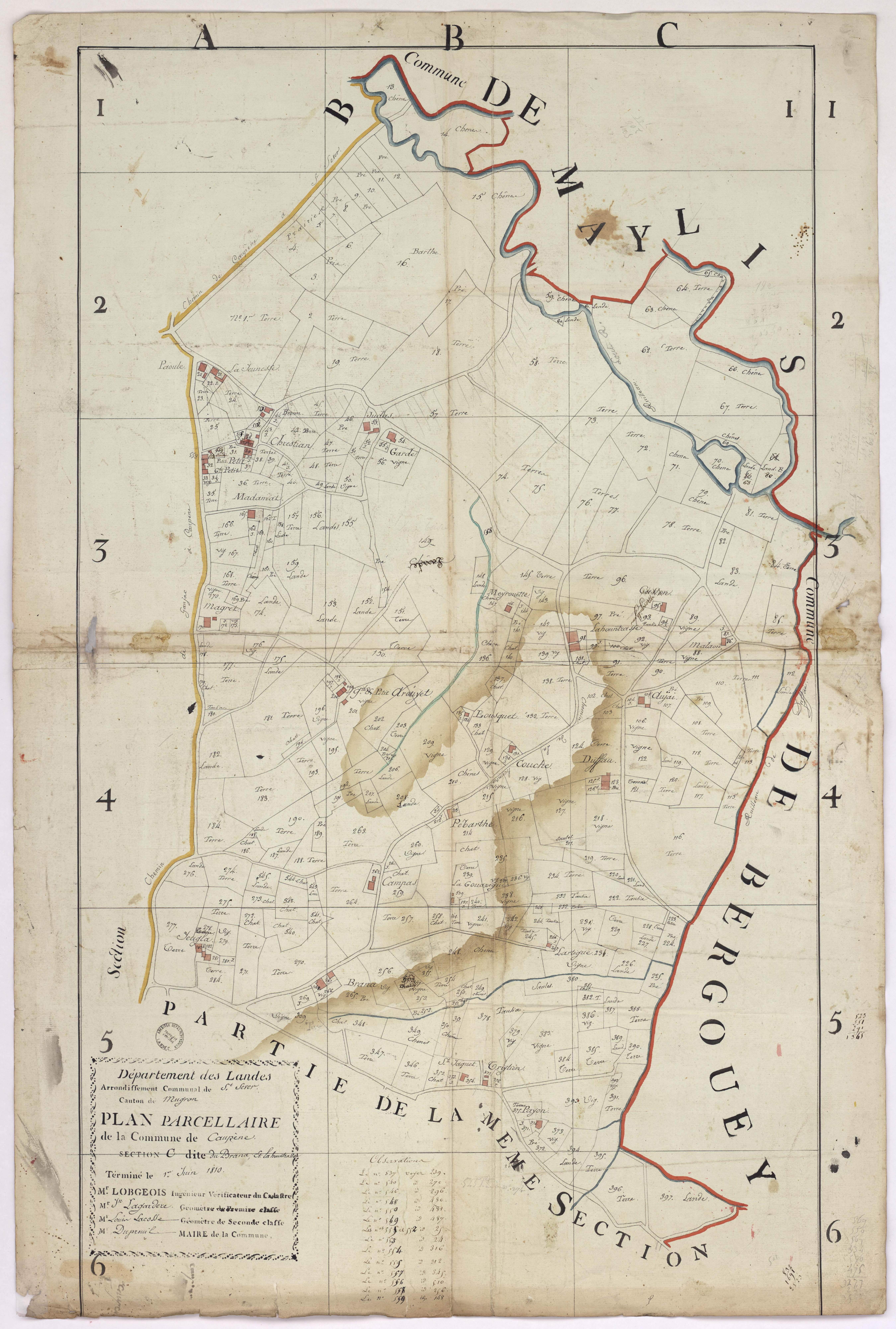 Caupenne - Plan parcellaire de la section C, dite du Brana et de la Hountrasse, 1re feuille, par Lobgeois, Lagardère, et Lacosse, géomètres
