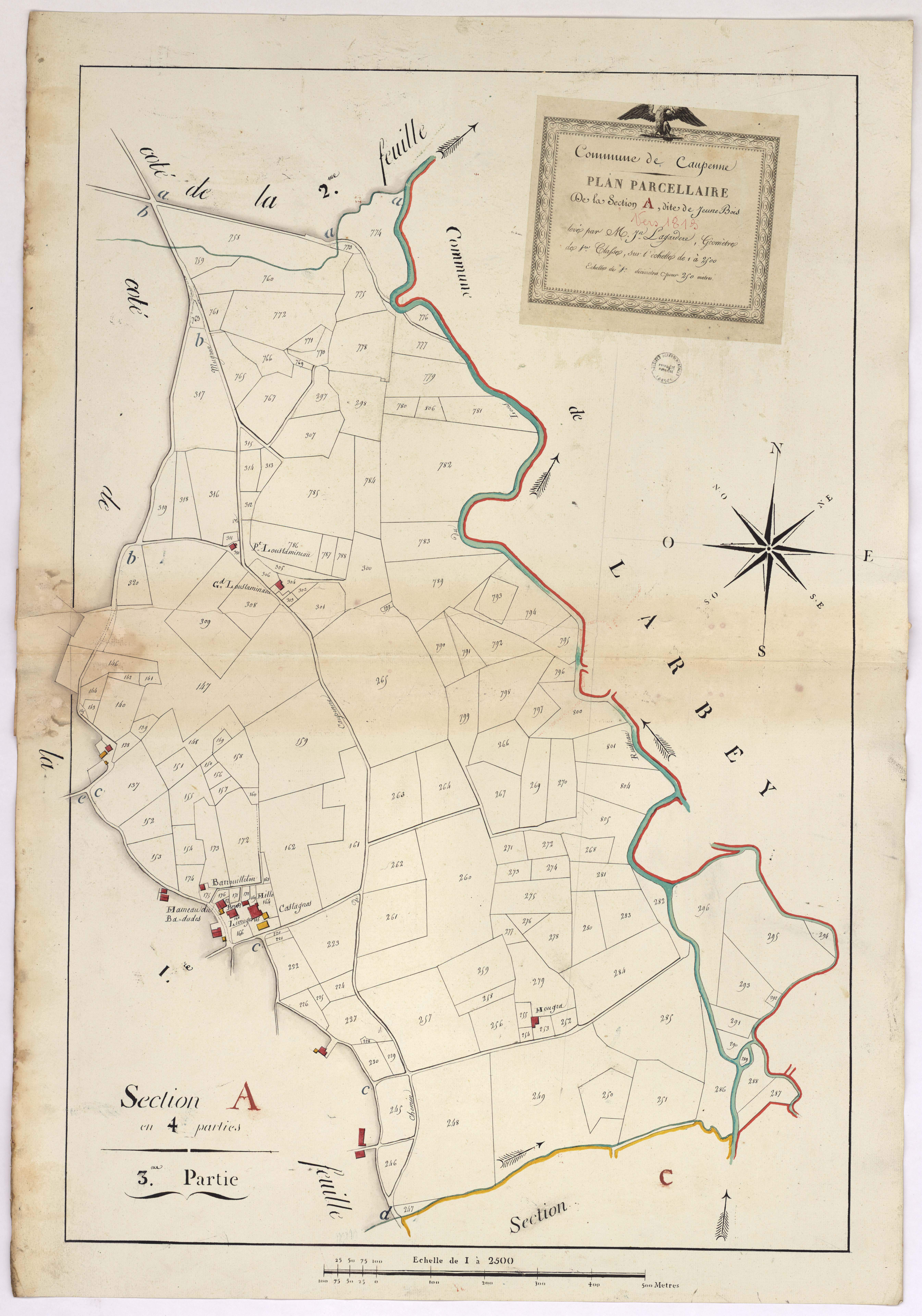 Caupenne - Plan parcellaire de la section A, dite de Jeune bois, 3e partie, par Lagardère géomètre