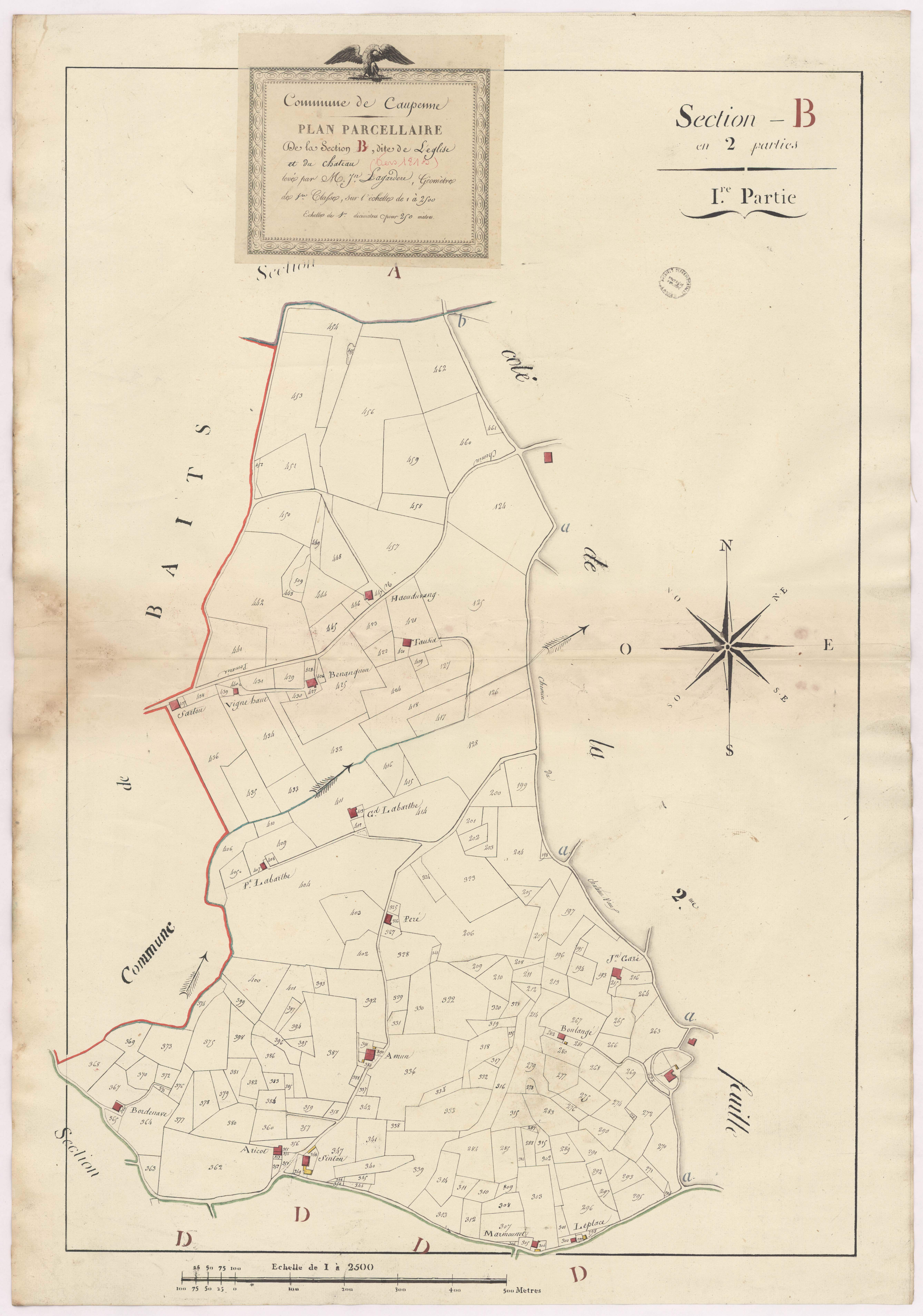 Caupenne - Plan parcellaire de la section B, dite de l'Eglise et du château, 1re partie, par Lagardère géomètre