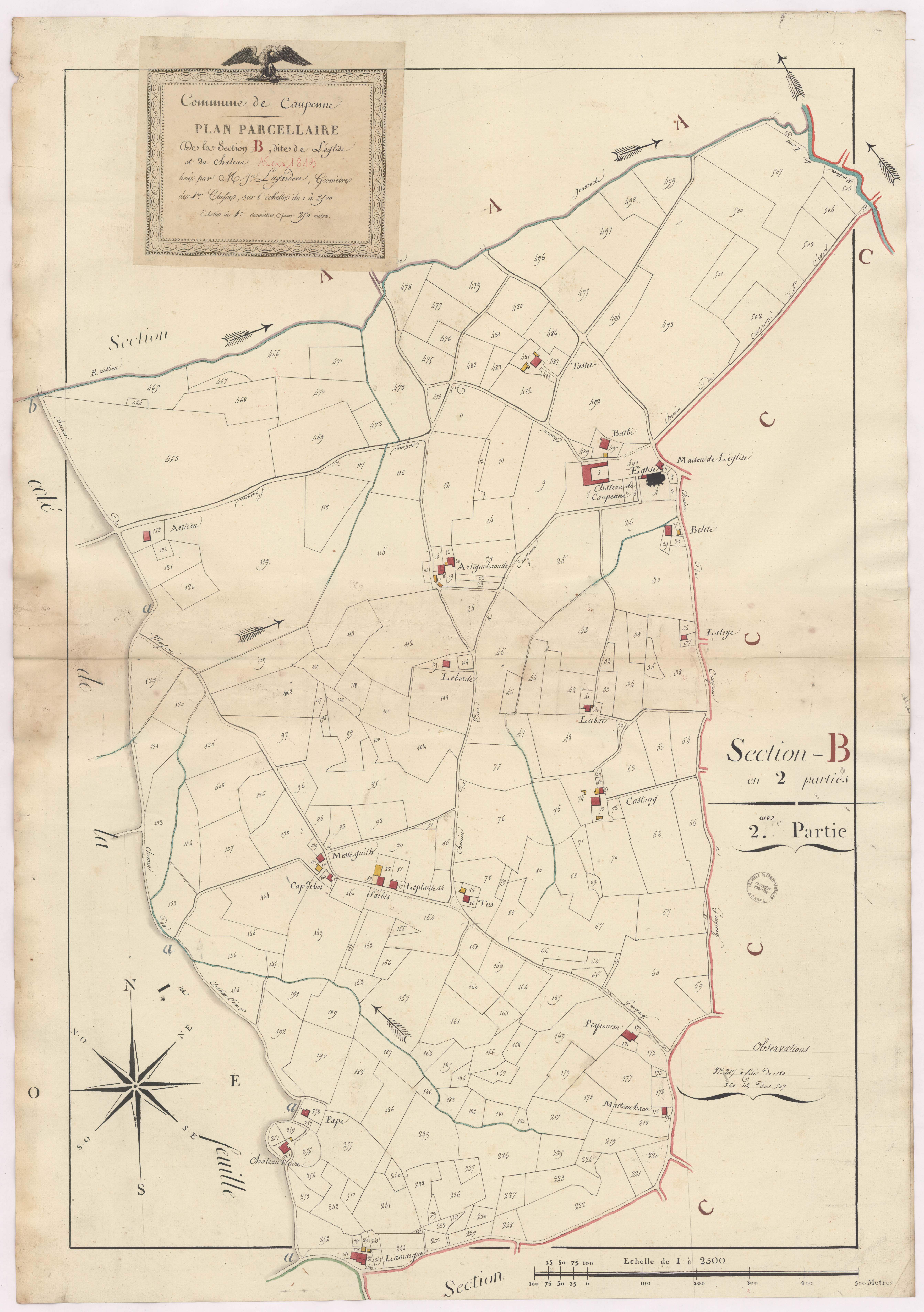 Caupenne - Plan parcellaire de la section B, dite de l'Eglise et du château, 2e partie, par Lagardère géomètre