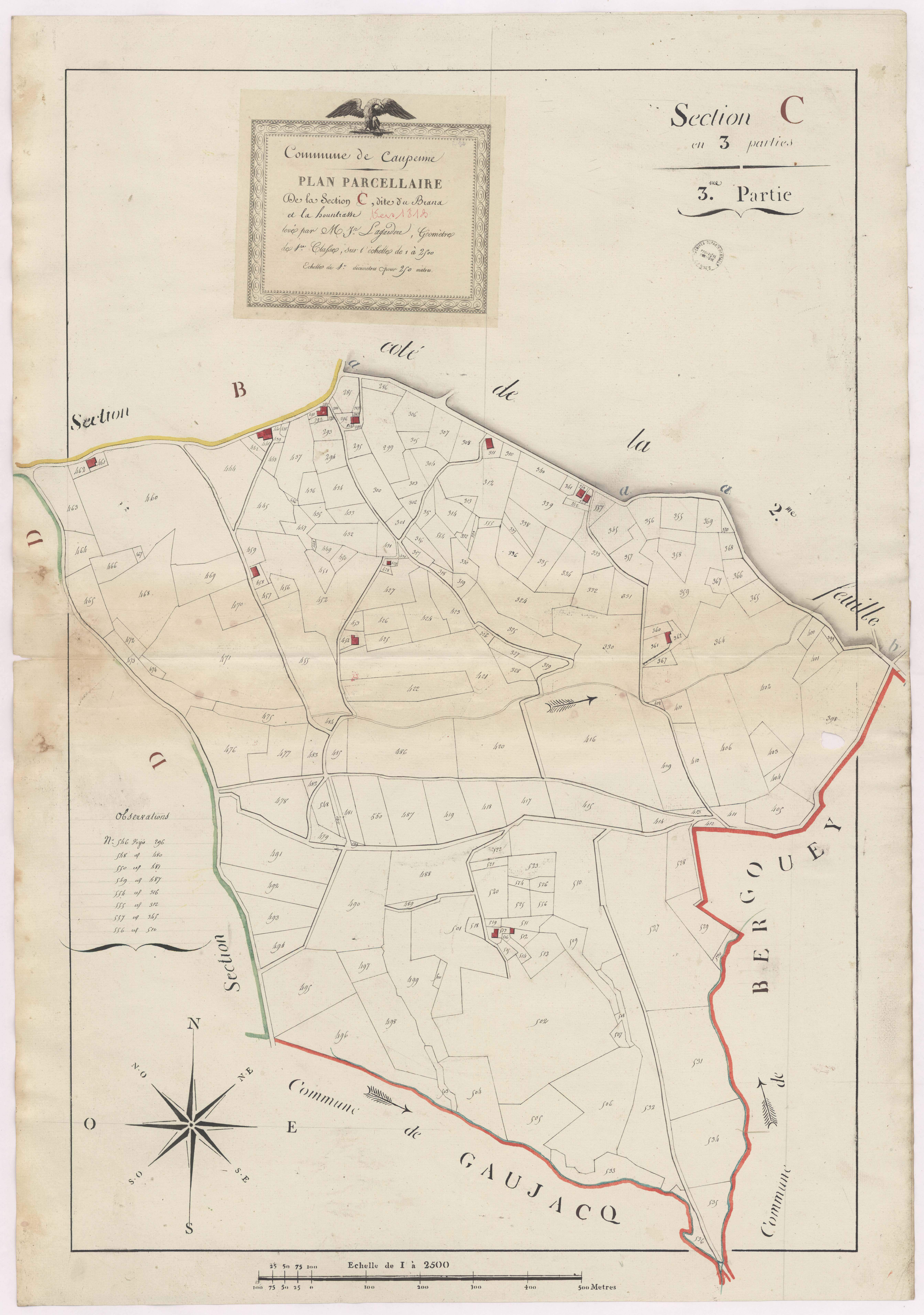 Caupenne - Plan parcellaire de la section C, dite du Brana et de Hountrasse, 3e partie, par Lagardère géomètre