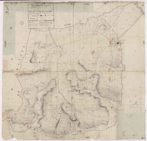 Caupenne - Plan parcellaire de la section B, dite de l'Eglise et du Château, par Lobgeois et Lagardère, géomètres