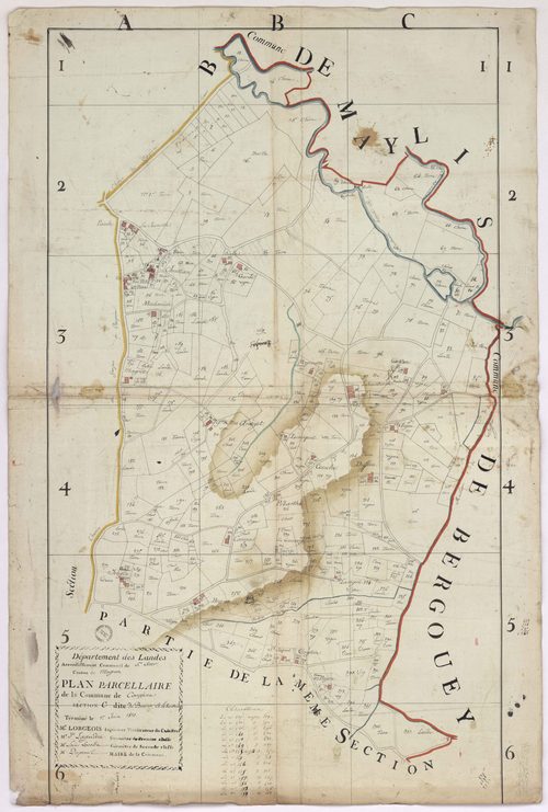 Caupenne - Plan parcellaire de la section C, dite du Brana et de la Hountrasse, 1re feuille, par Lobgeois, Lagardère, et Lacosse, géomètres