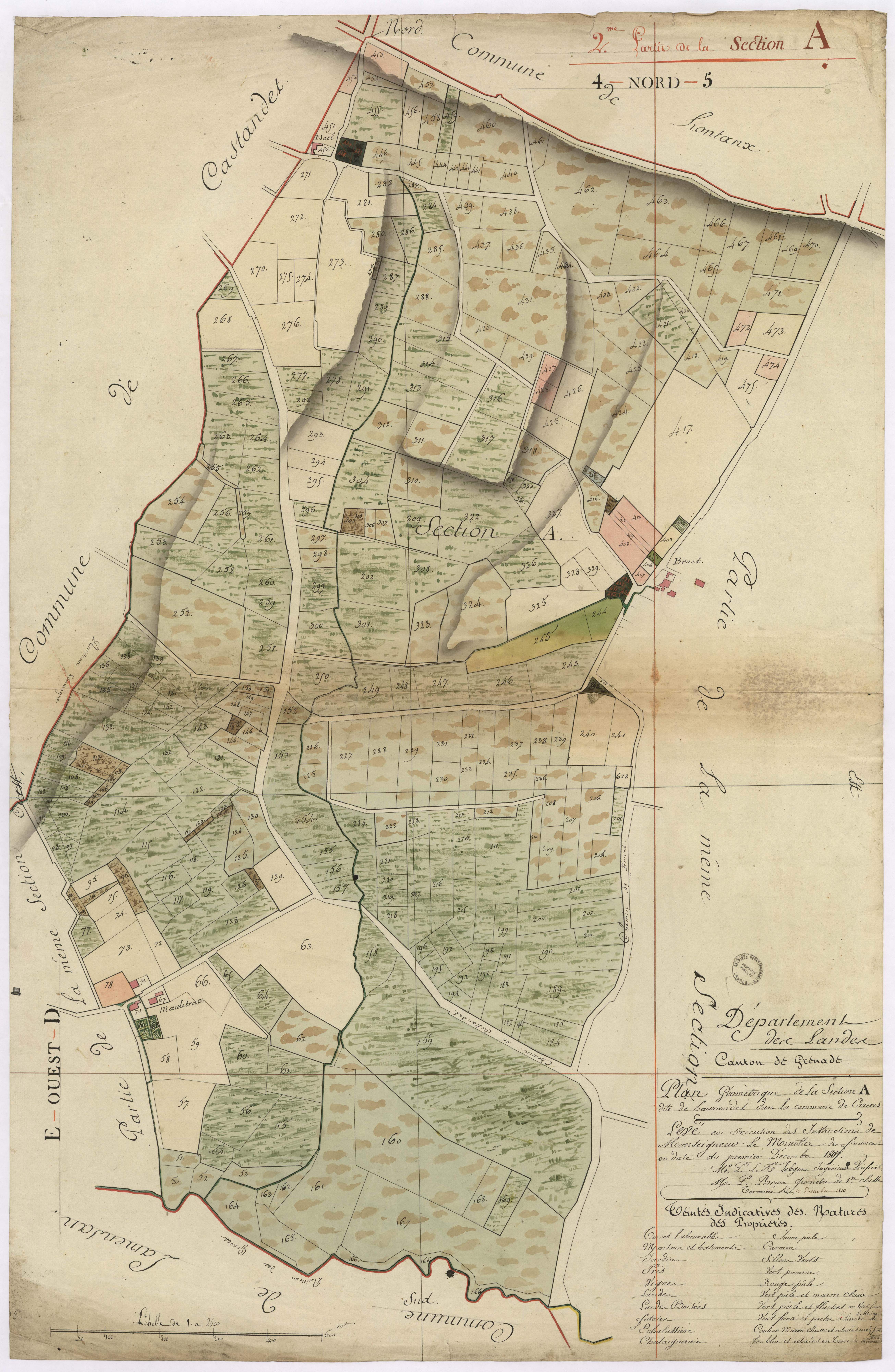 Cazères-sur-l'Adour - Plan géométrique de la section A, dite de Haurandet, 2e partie, par Lobgeois et Brun, géomètres