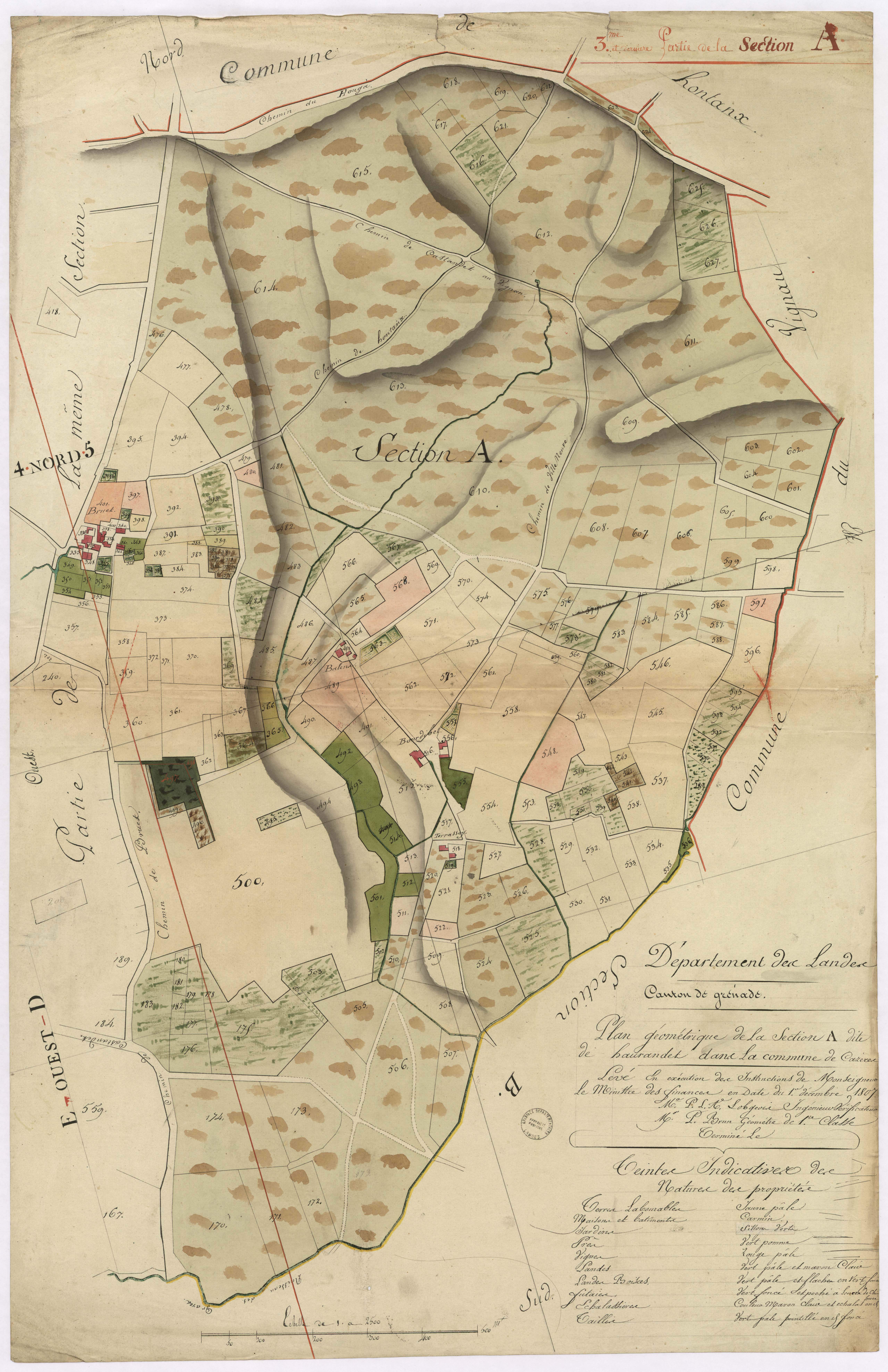 Cazères-sur-l'Adour - Plan géométrique de la section A, dite de Haurandet, 3e partie, par Lobgeois et Brun, géomètres