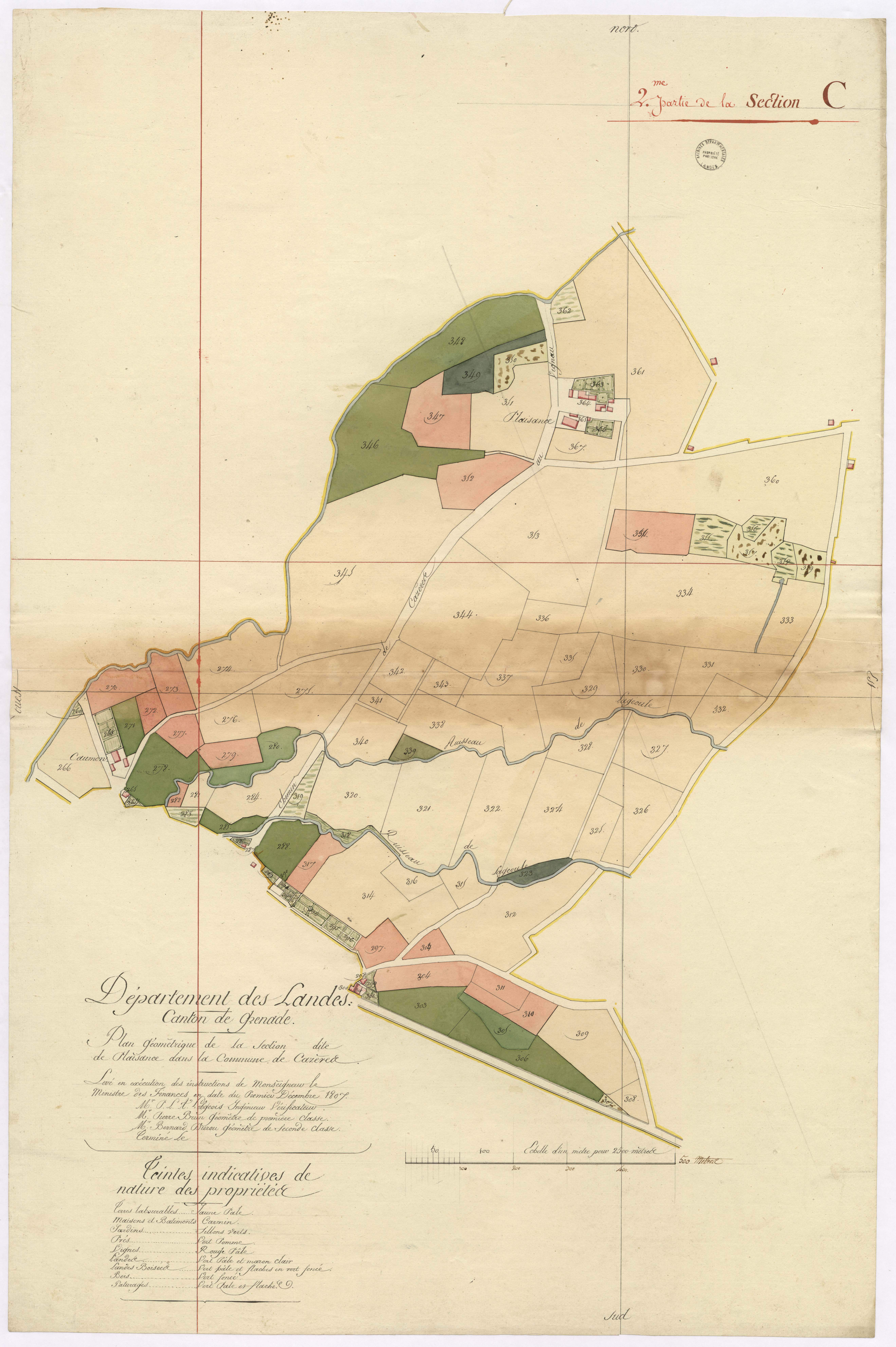 Cazères-sur-l'Adour - Plan géométrique de la section C, dite de Plaisance, 2e partie, par Lobgeois, Brun et Durou, géomètres