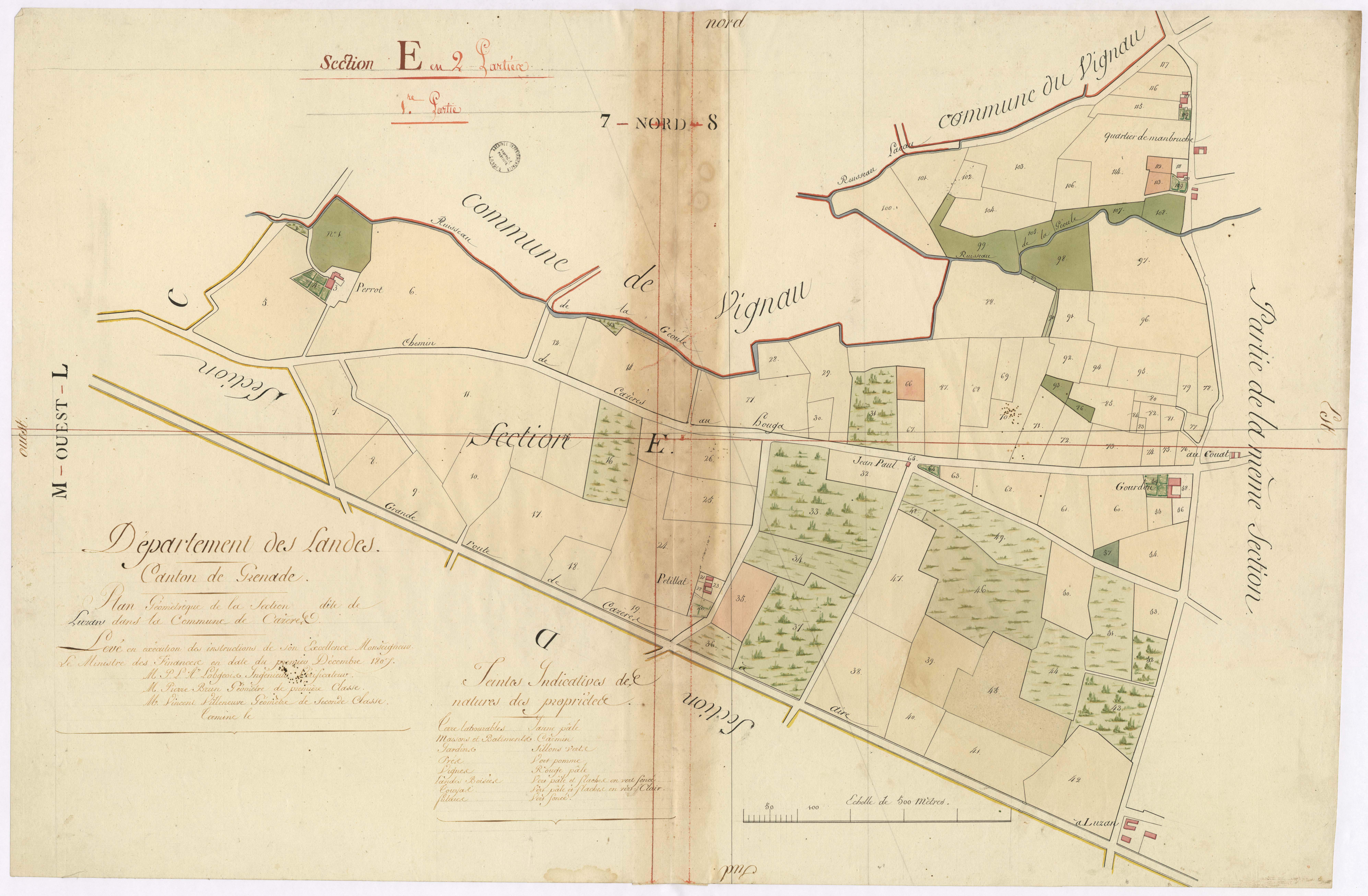 Cazères-sur-l'Adour - Plan géométrique de la section E, dite de Luzan, 1re partie, par Lobgeois, Brun et Villeneuve, géomètres