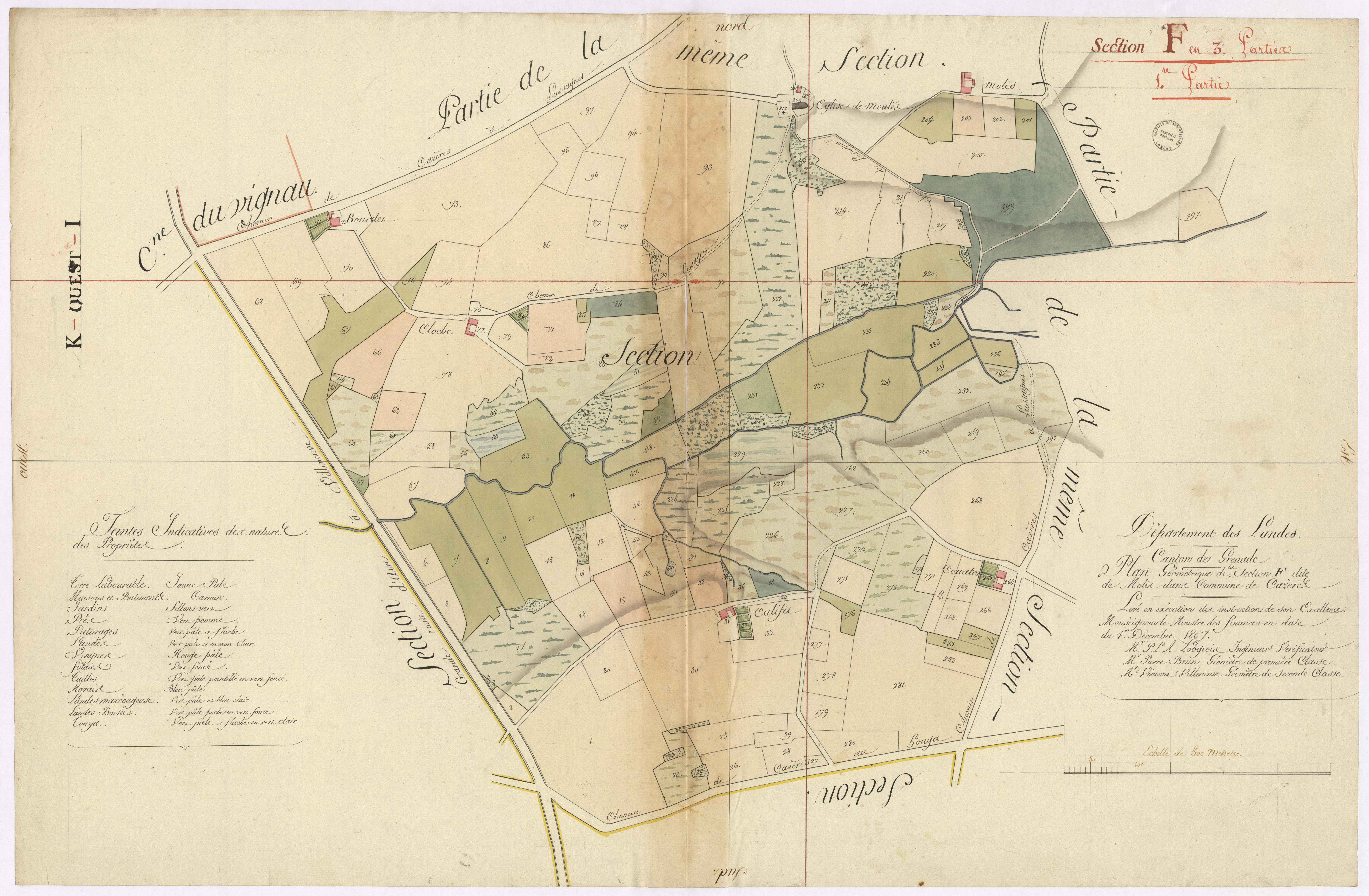 Cazères-sur-l'Adour - Plan géométrique de la section F, dite de Molès, 1re partie, par Lobgeois, Brun et Villeneuve, géomètres