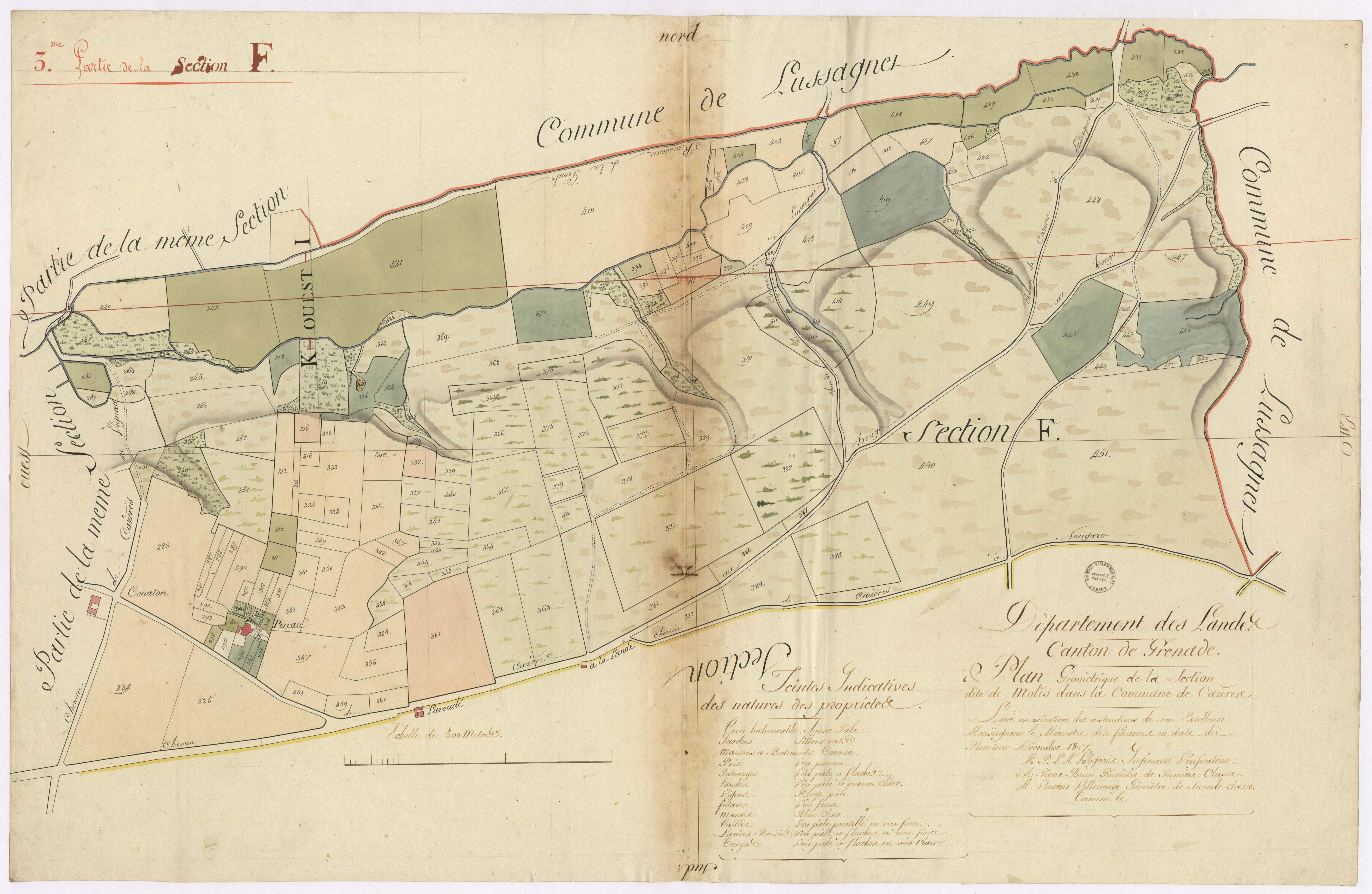 Cazères-sur-l'Adour - Plan géométrique de la section F, dite de Molès, 3e partie, par Lobgeois, Brun et Villeneuve, géomètres