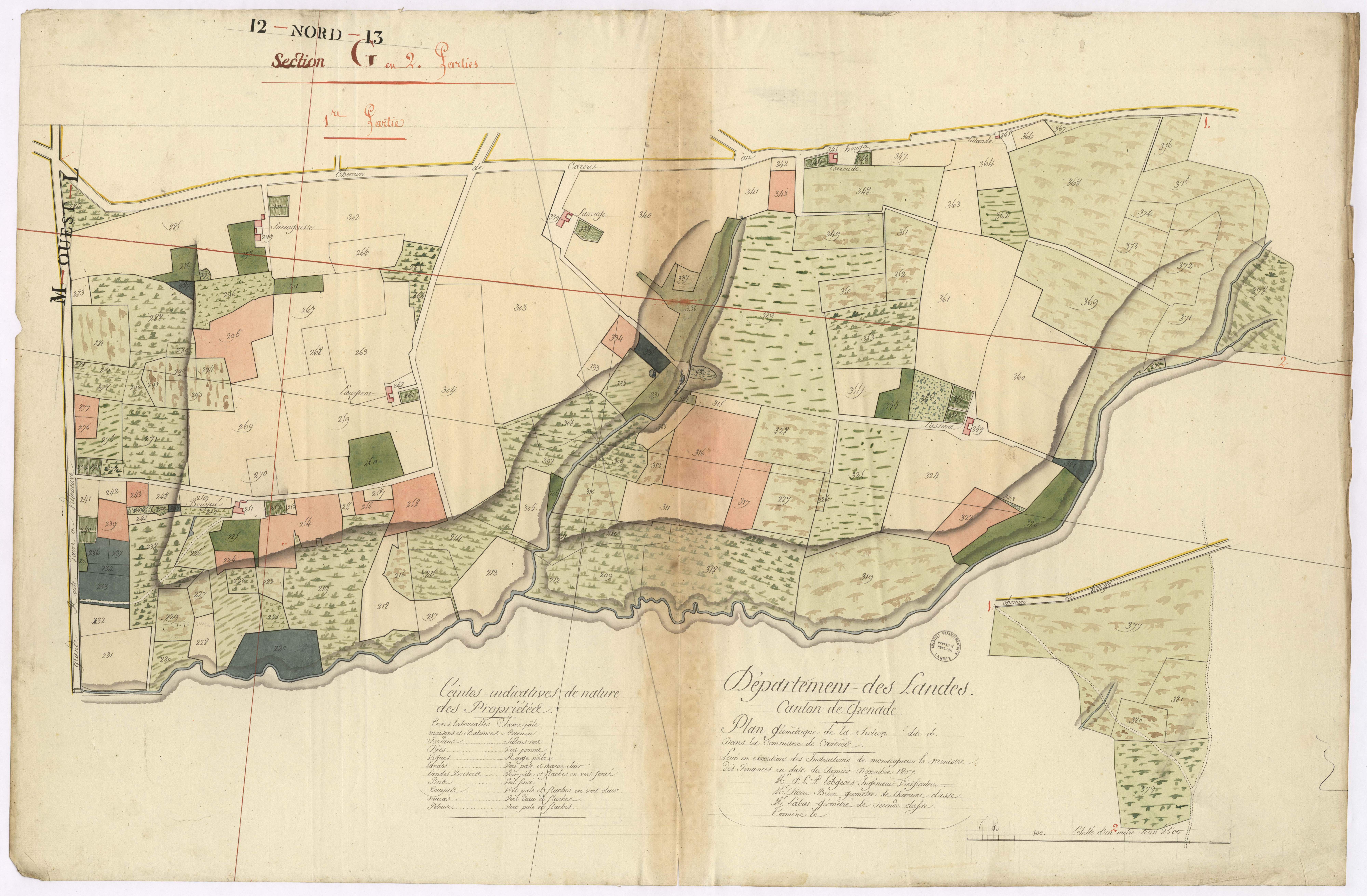 Cazères-sur-l'Adour - Plan géométrique de la section G, 1re partie, par Lobgeois, Brun et Labat, géomètres
