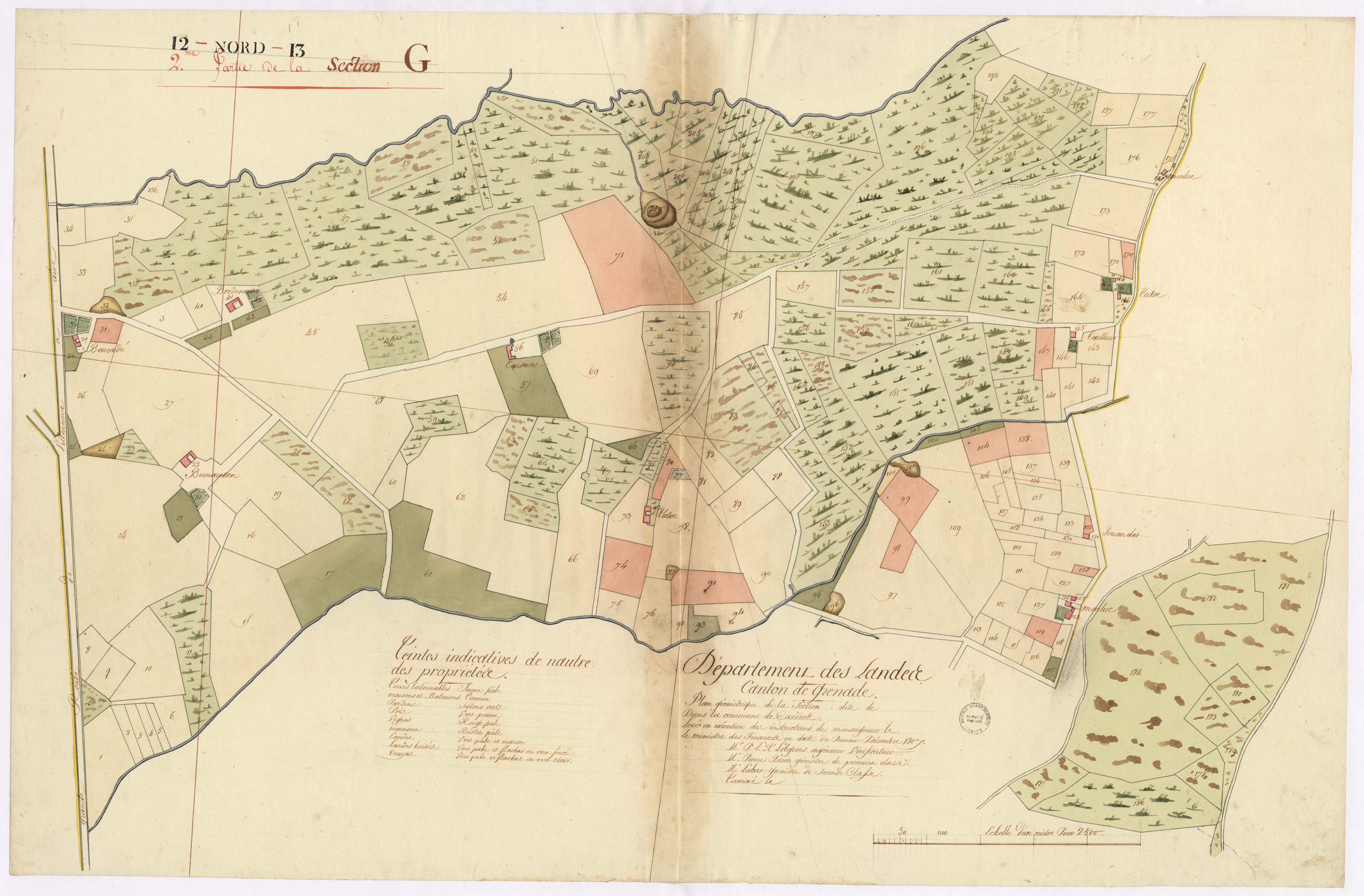 Cazères-sur-l'Adour - Plan géométrique de la section G, 2e partie, par Lobgeois, Brun et Labat, géomètres