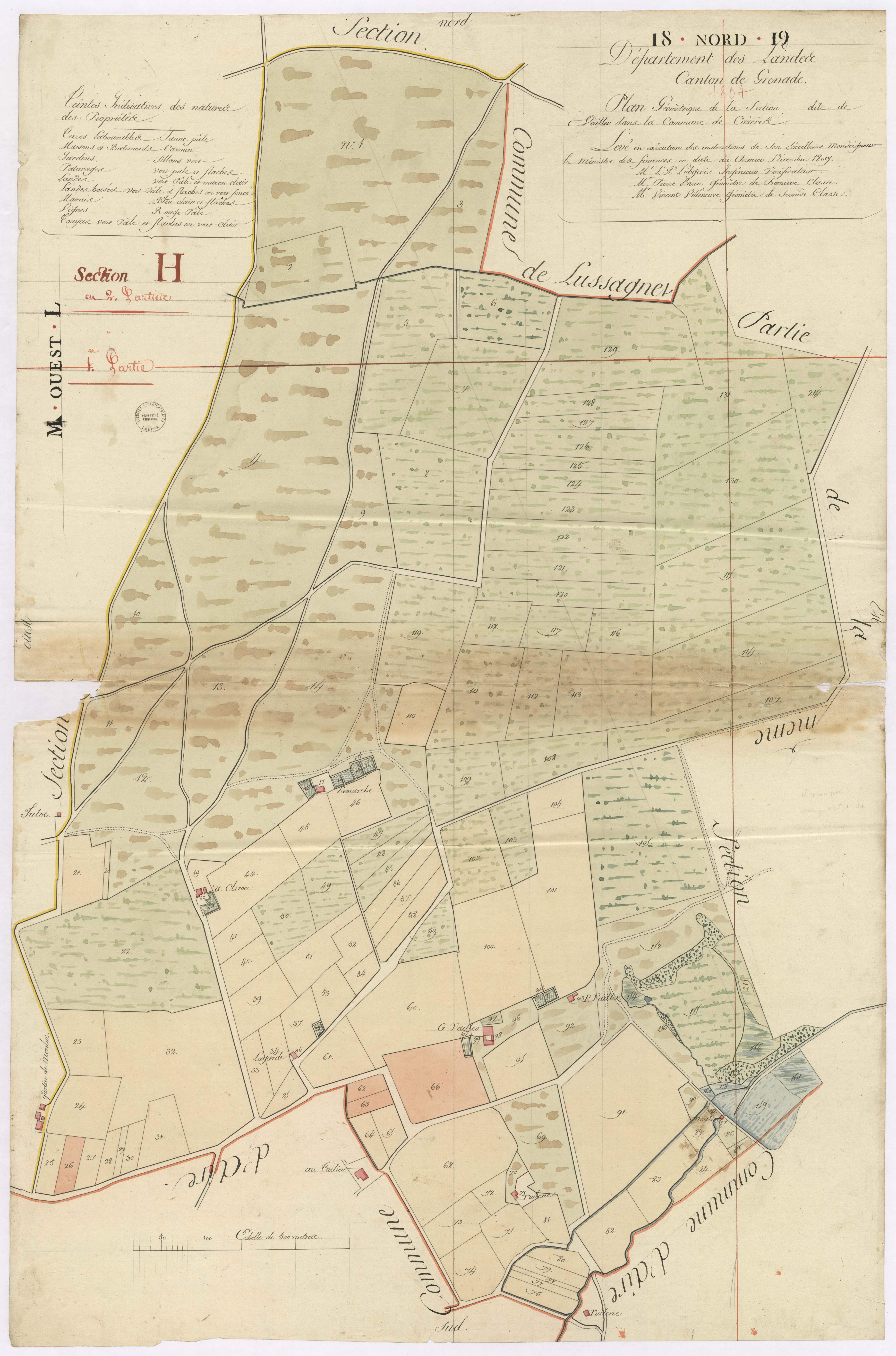 Cazères-sur-l'Adour - Plan géométrique de la section H, dite de Vailler, 1re partie, par Lobgeois, Brun et Villeneuve, géomètres