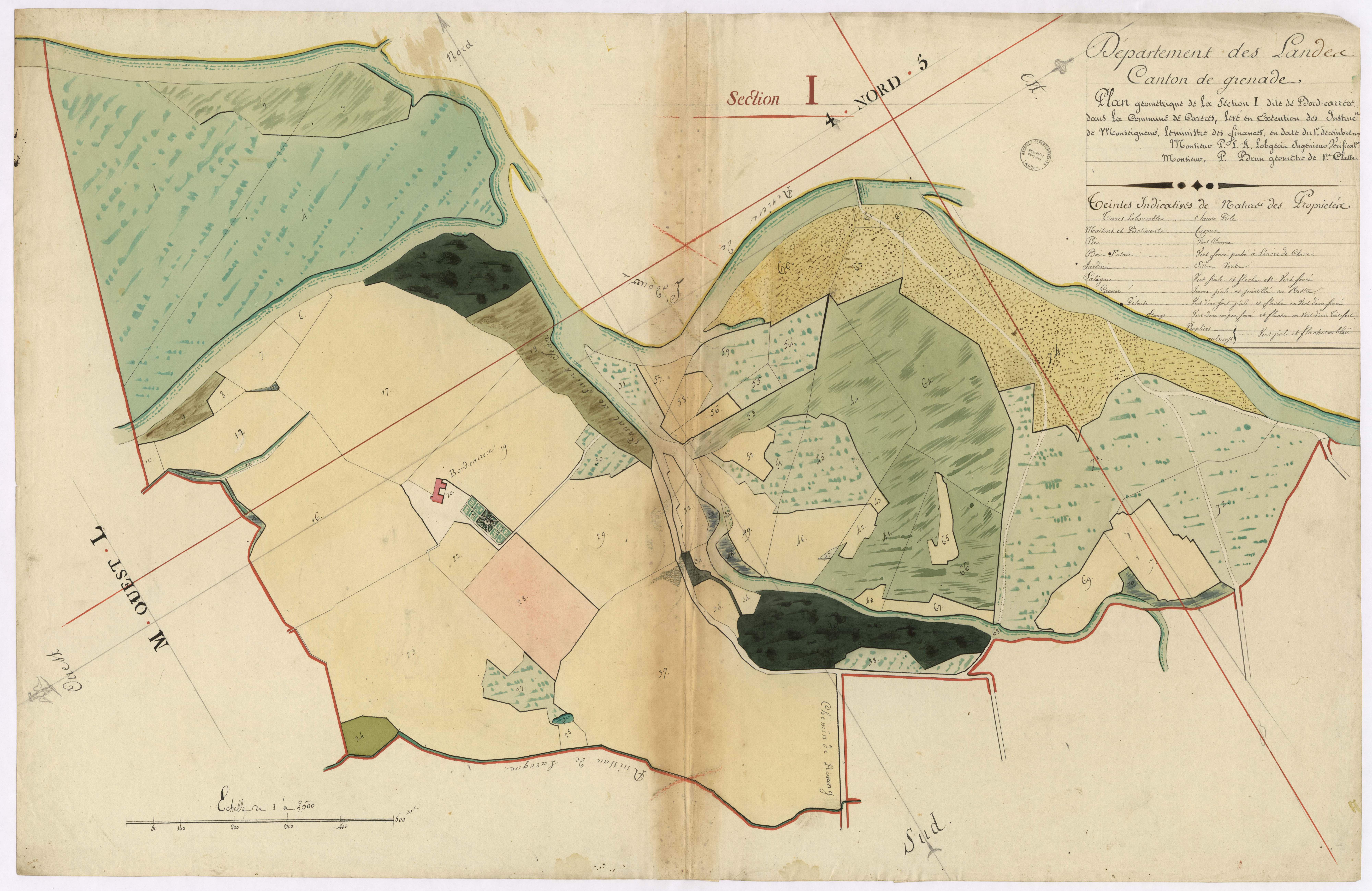Cazères-sur-l'Adour - Plan géométrique de la section I, dite de Bord-Carrère, par Lobgeois et Brun, géomètres