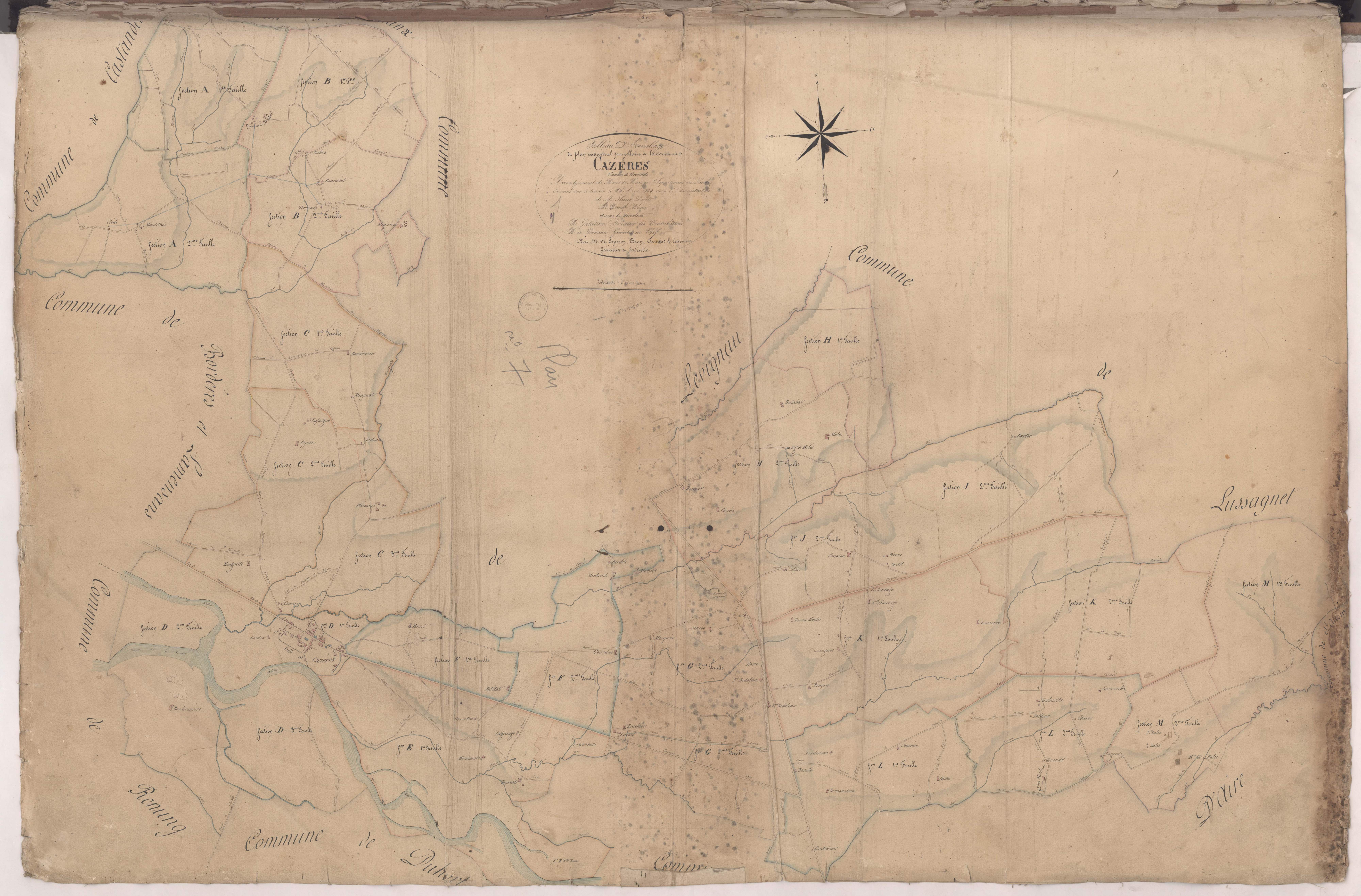Cazères-sur-l'Adour - Plan cadastral parcellaire de la commune de Cazères, par de Comeau, Esperon, Brun, Arnaud et Lacomère, géomètres