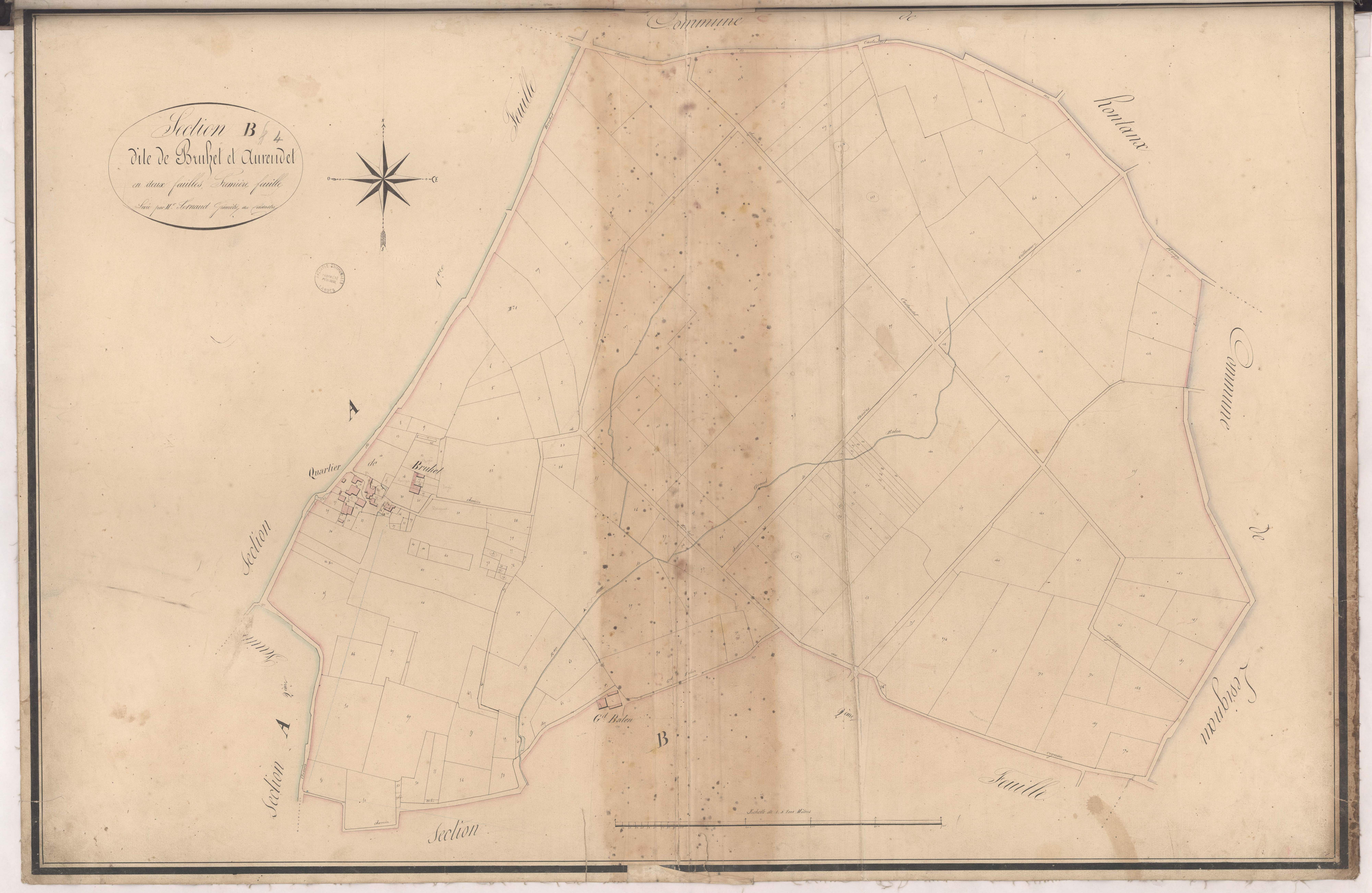 Cazères-sur-l'Adour - Section B, dite de Bruhet et Aurendet, 1re feuille, par Arnaud géomètre