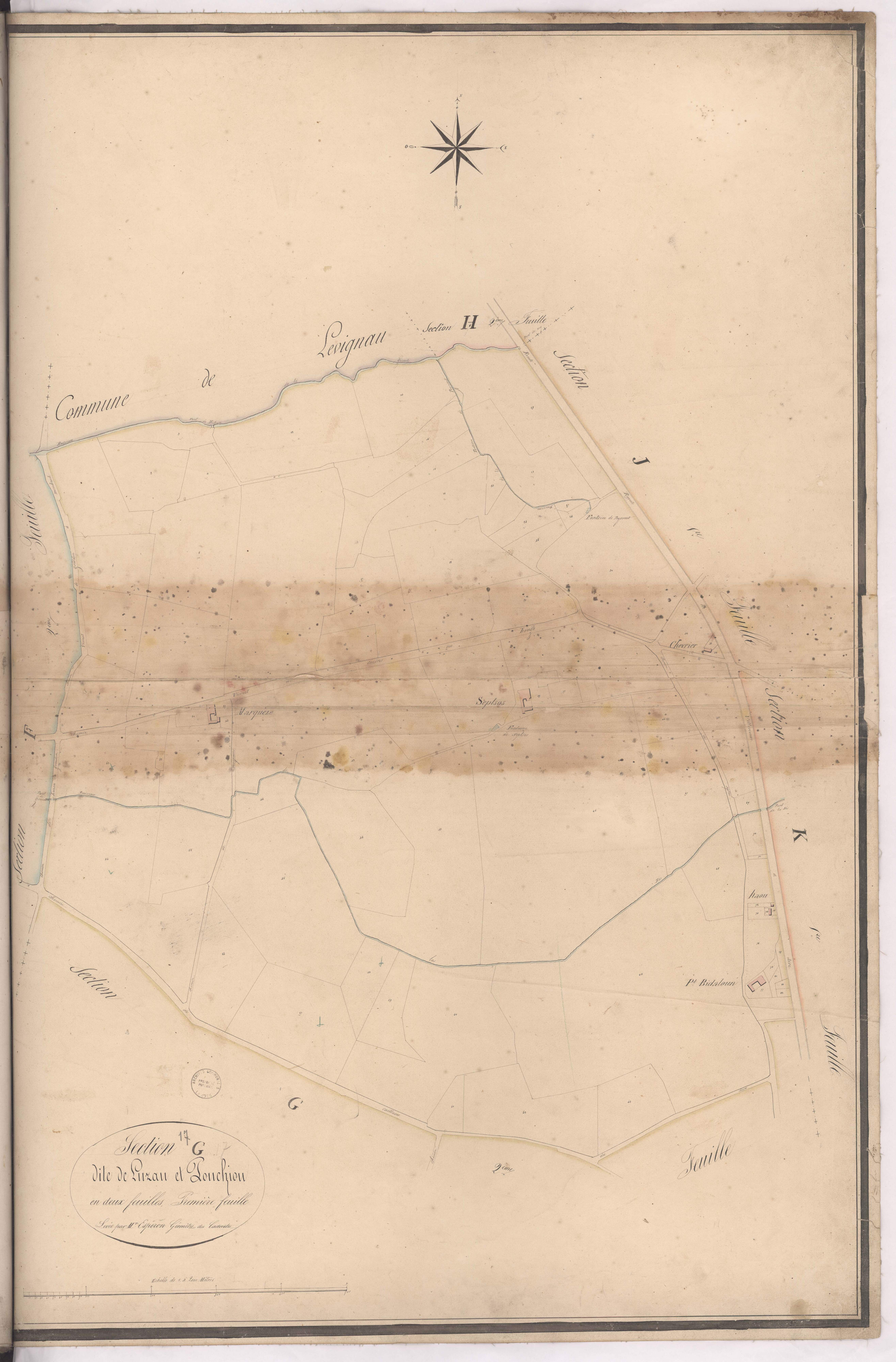 Cazères-sur-l'Adour - Section G, dite de Luzan et Pouchiou, 1re feuille, par Esperon géomètre