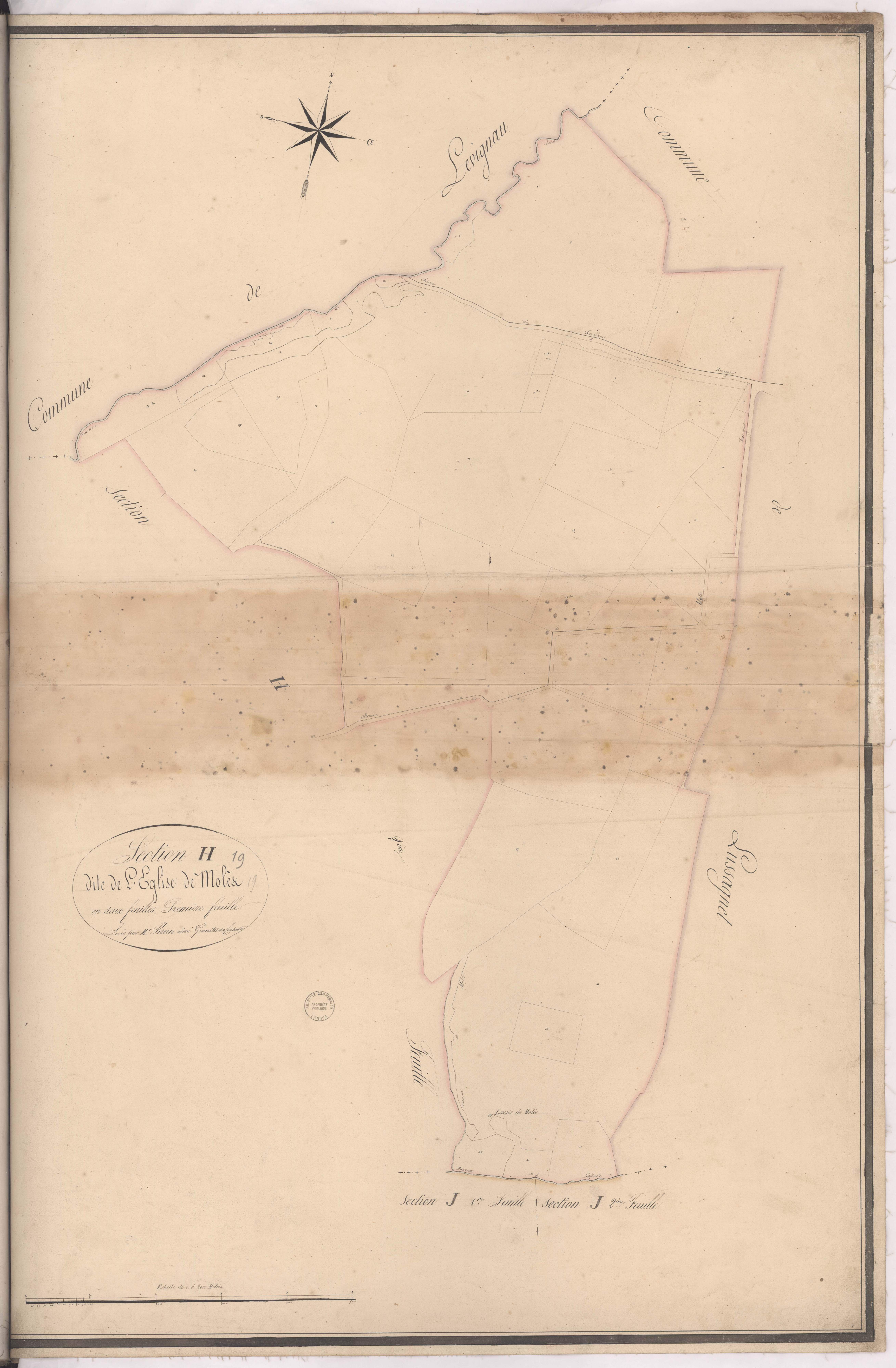 Cazères-sur-l'Adour - Section H, dite de l'Eglise de Molès, 1re feuille, par Brun géomètre