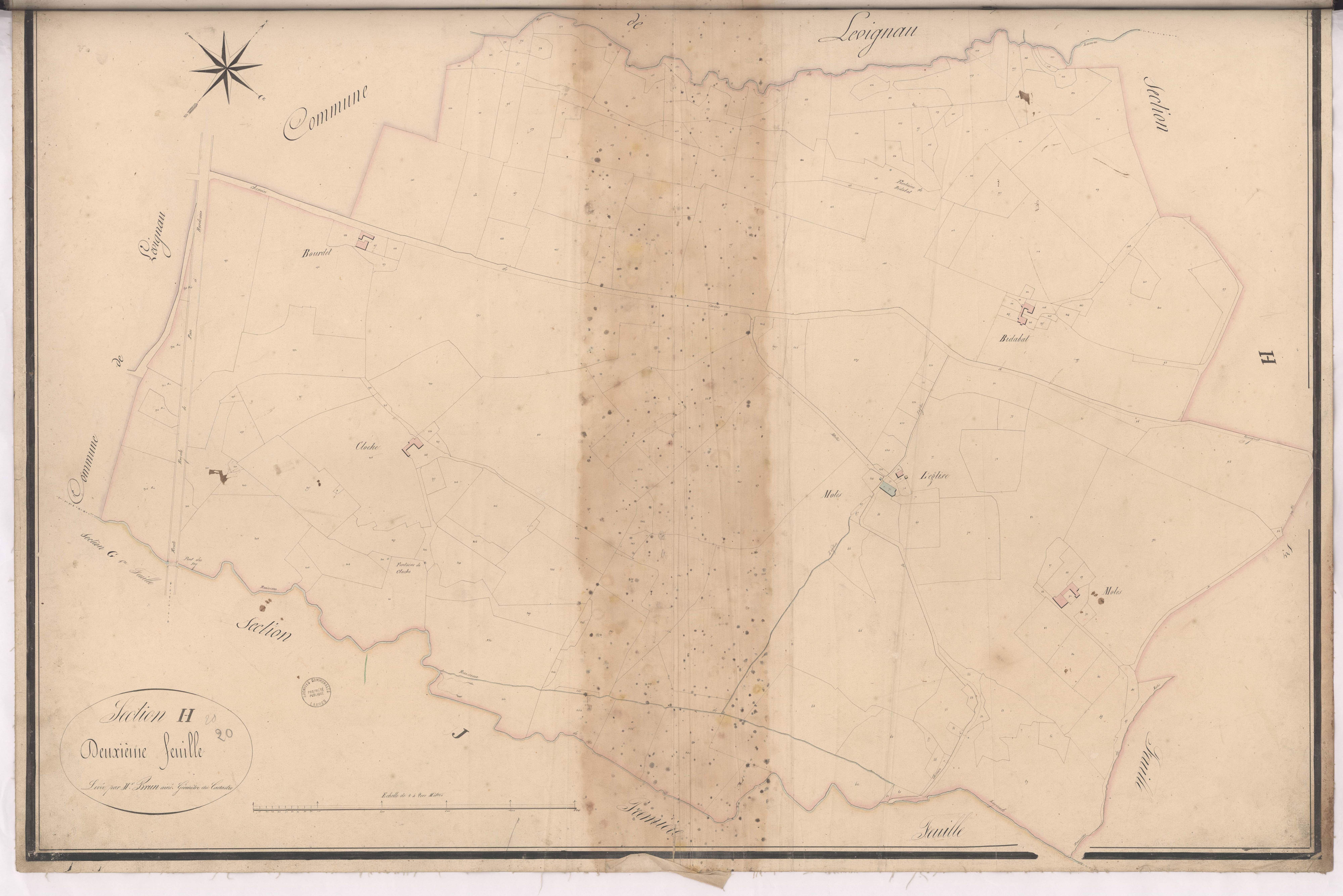 Cazères-sur-l'Adour - Section H, 2e feuille, par Brun géomètre