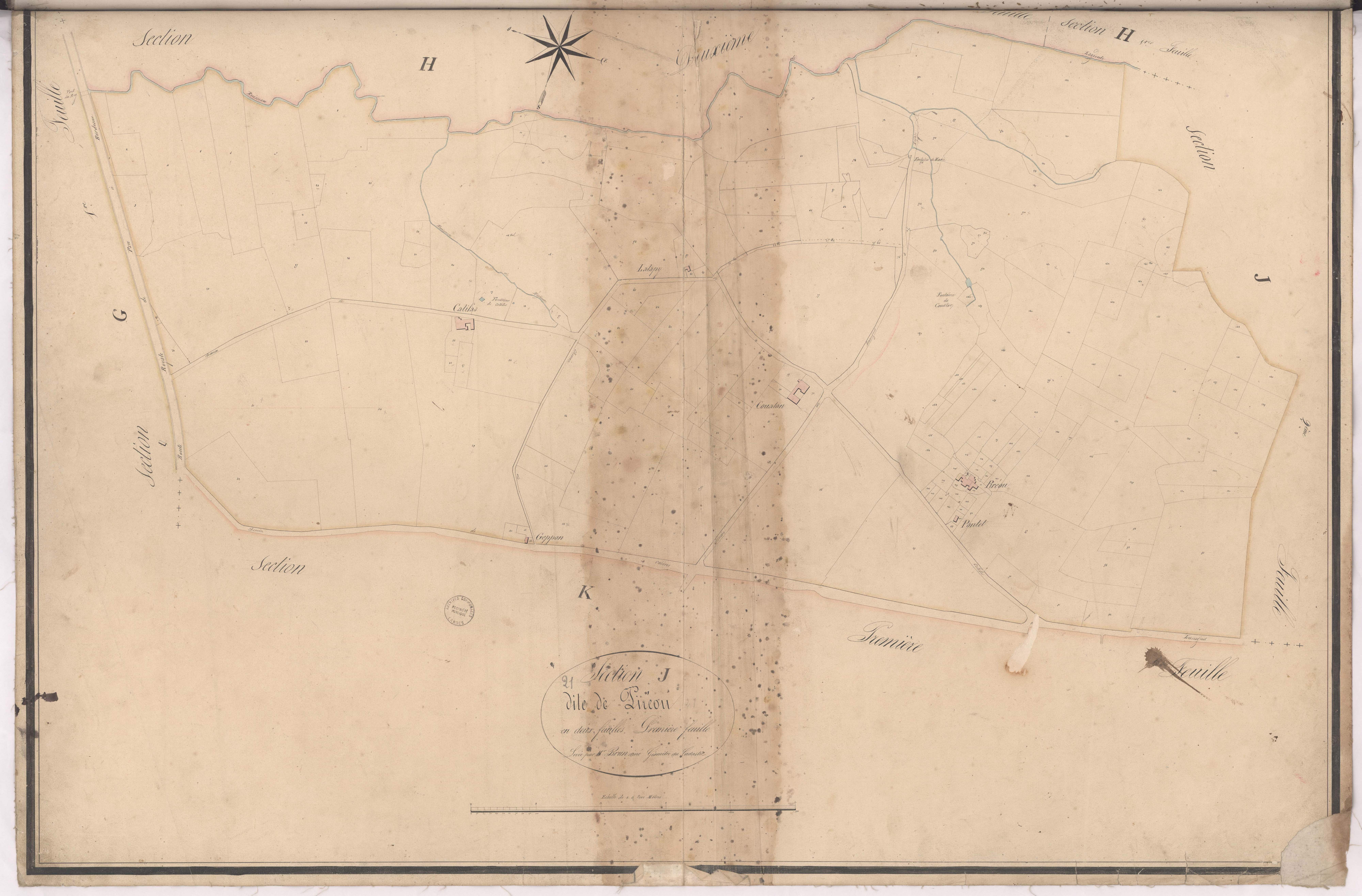 Cazères-sur-l'Adour - Section J, dite de Piréou, 1re feuille, par Brun géomètre