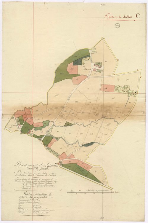 Cazères-sur-l'Adour - Plan géométrique de la section C, dite de Plaisance, 2e partie, par Lobgeois, Brun et Durou, géomètres