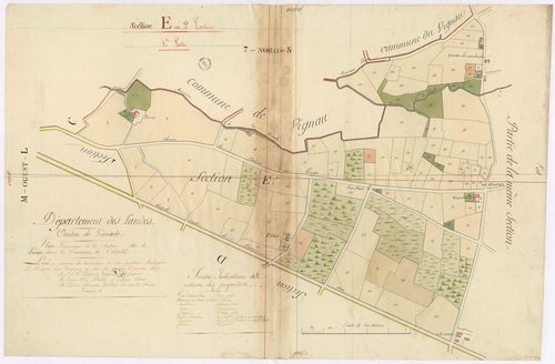 Cazères-sur-l'Adour - Plan géométrique de la section E, dite de Luzan, 1re partie, par Lobgeois, Brun et Villeneuve, géomètres