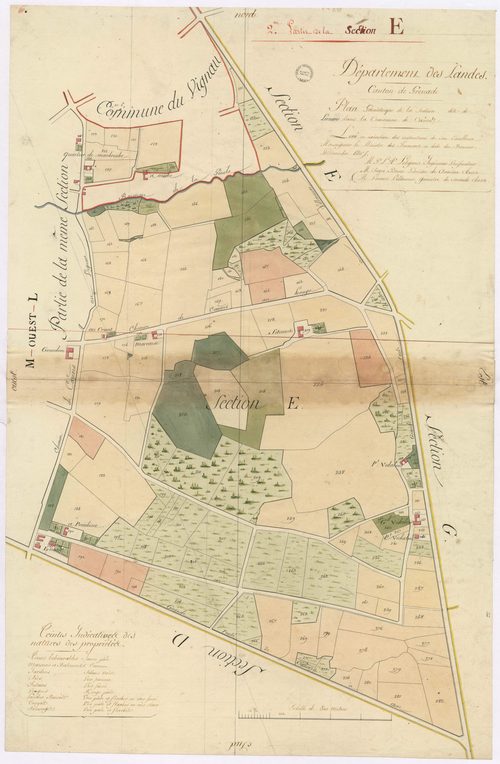 Cazères-sur-l'Adour - Plan géométrique de la section E, dite de Luzan, 2e partie, par Lobgeois, Brun et Villeneuve, géomètres